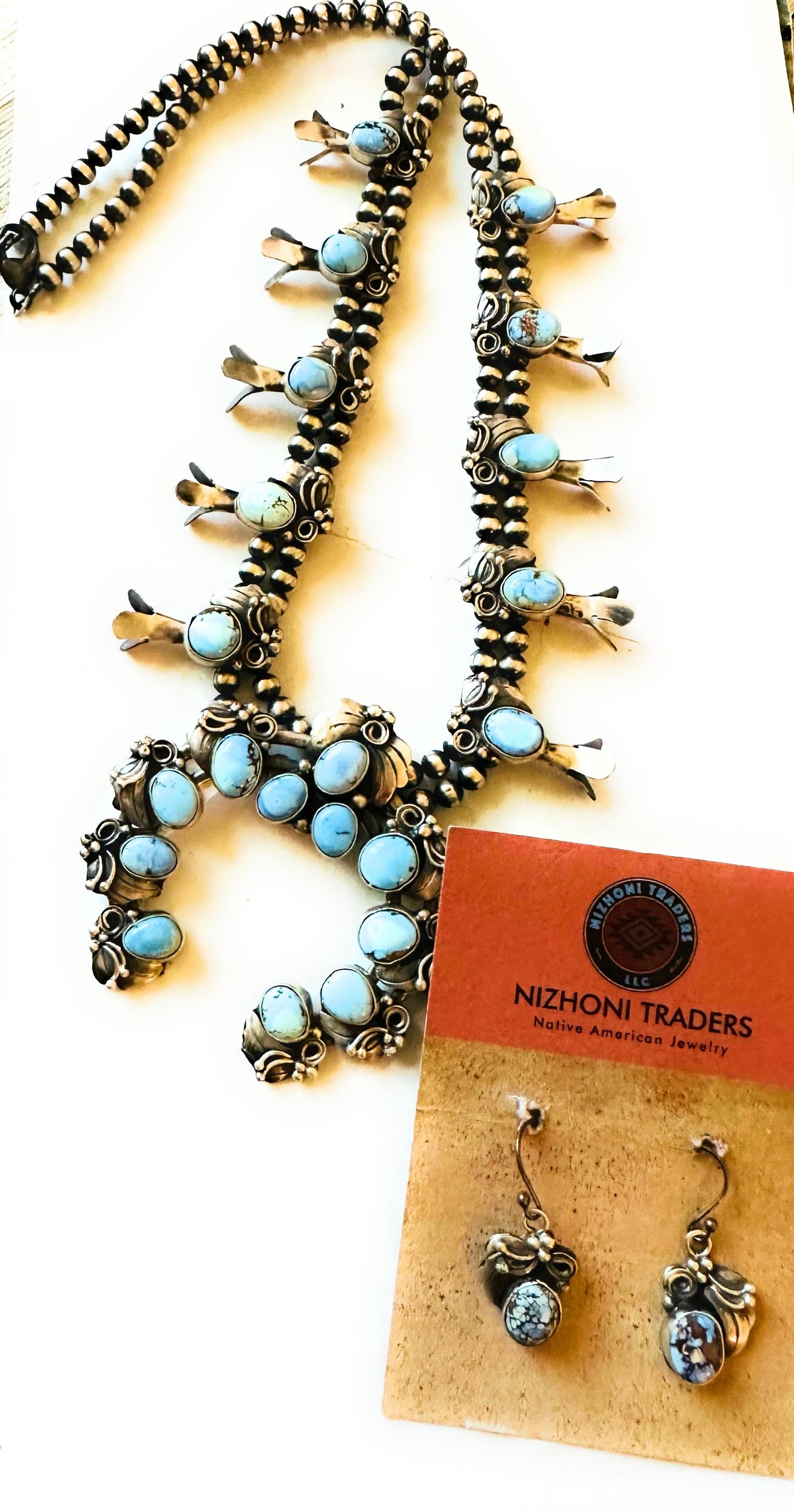 Handcrafted Golden Hills Turquoise & Sterling Silver Squash Blossom Necklace Set