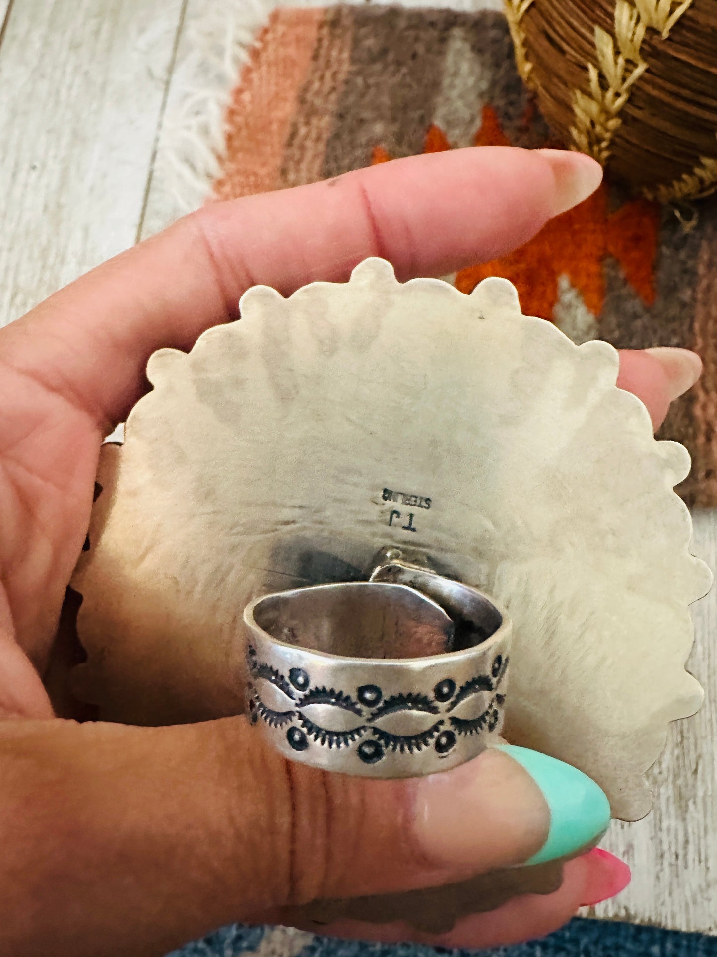 Handcrafted Turquoise & Sterling Silver Cluster Adjustable Ring, Signed TJ