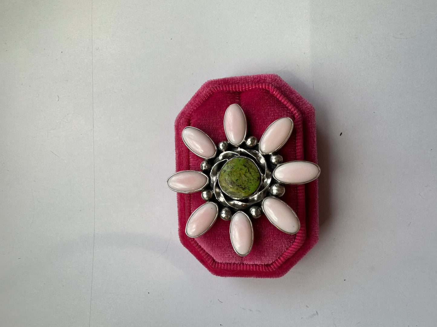 “Pink Blossom” Gorgeous Handcrafted Turquoise, Pink Conch And Sterling Silver Adjustable Flower Ring Signed