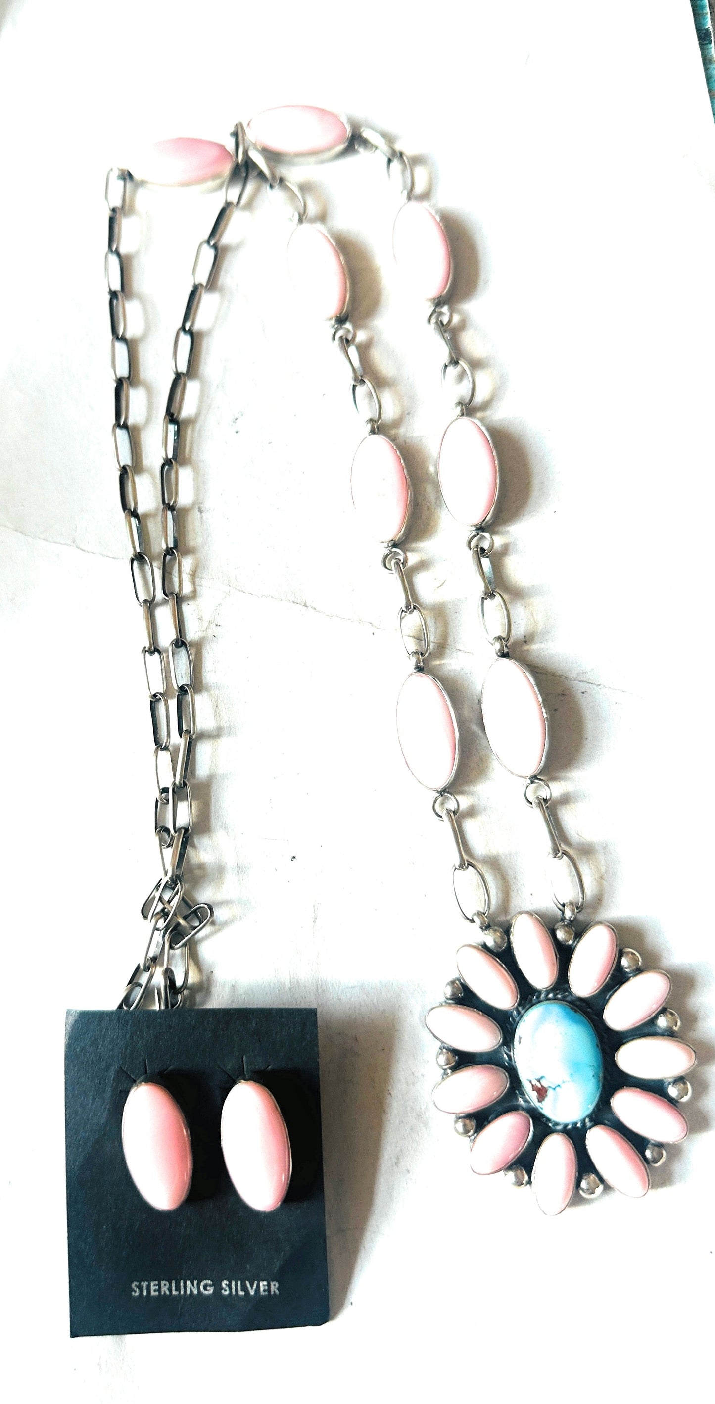 Handcrafted Queen Pink Conch, Turquoise & Sterling Silver Cluster Necklace Set