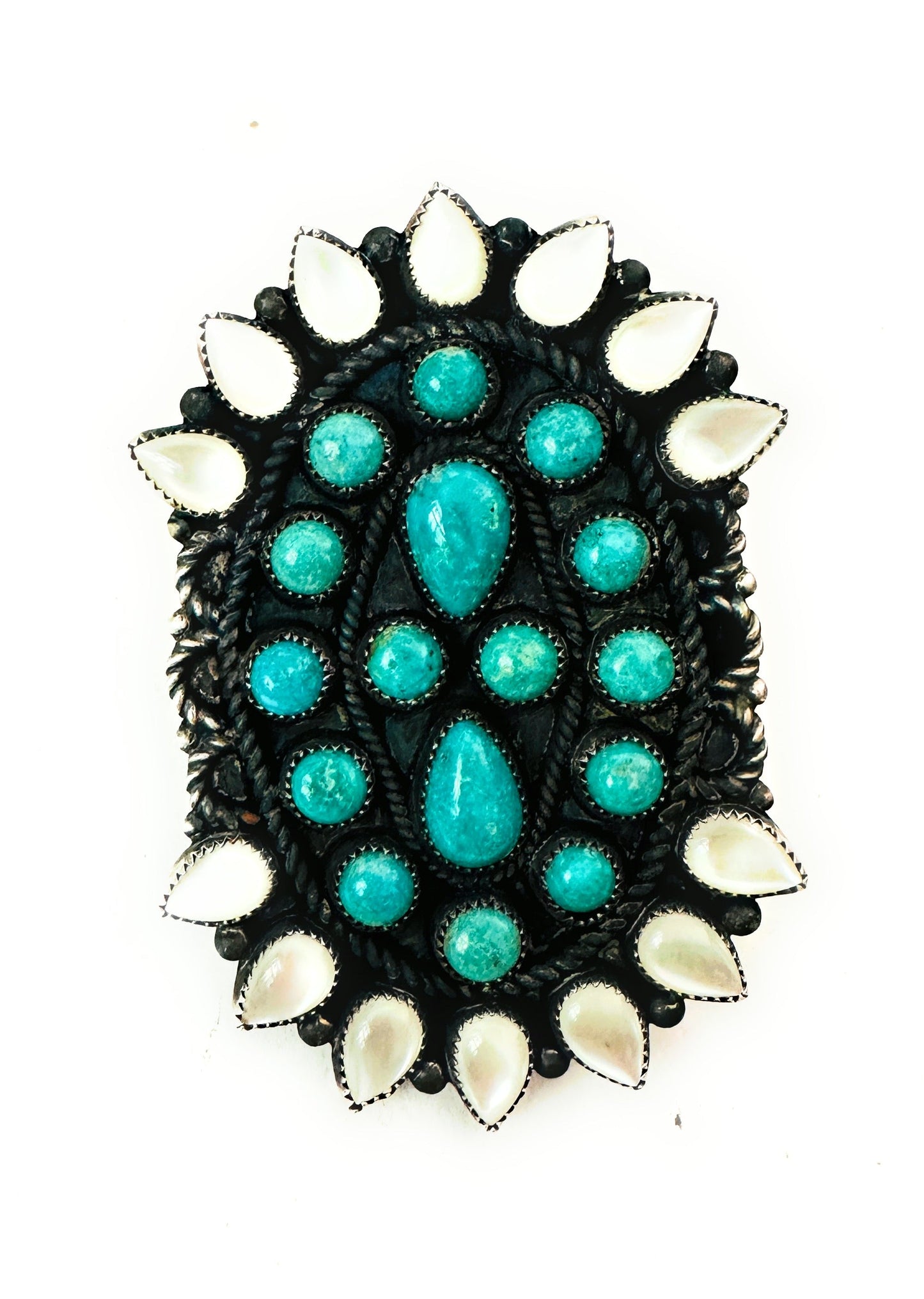 Handcrafted Sterling Silver, Turquoise & Mother of Pearl Cluster Ring Size 8.5