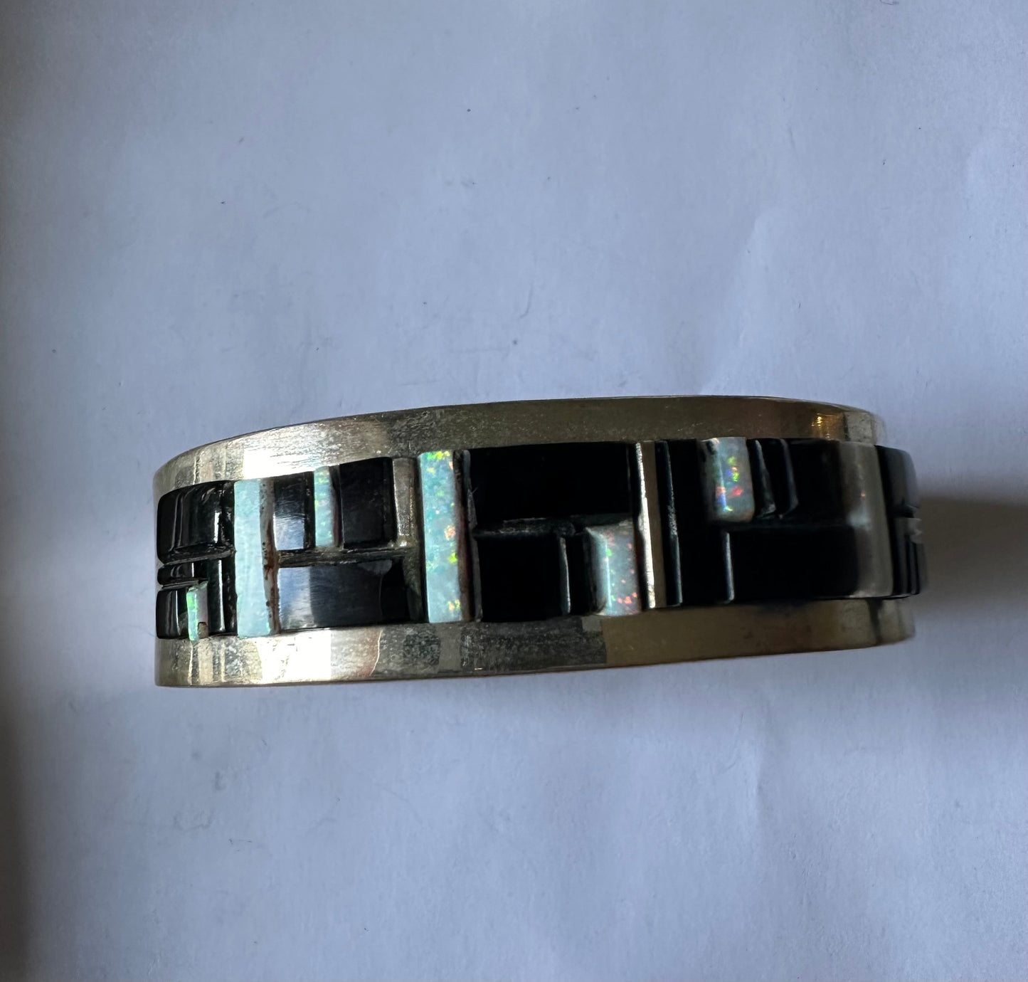 Fire Opal, Onyx & Sterling Silver Inlay Cuff Bracelet Signed Patricia Ed Becenti /