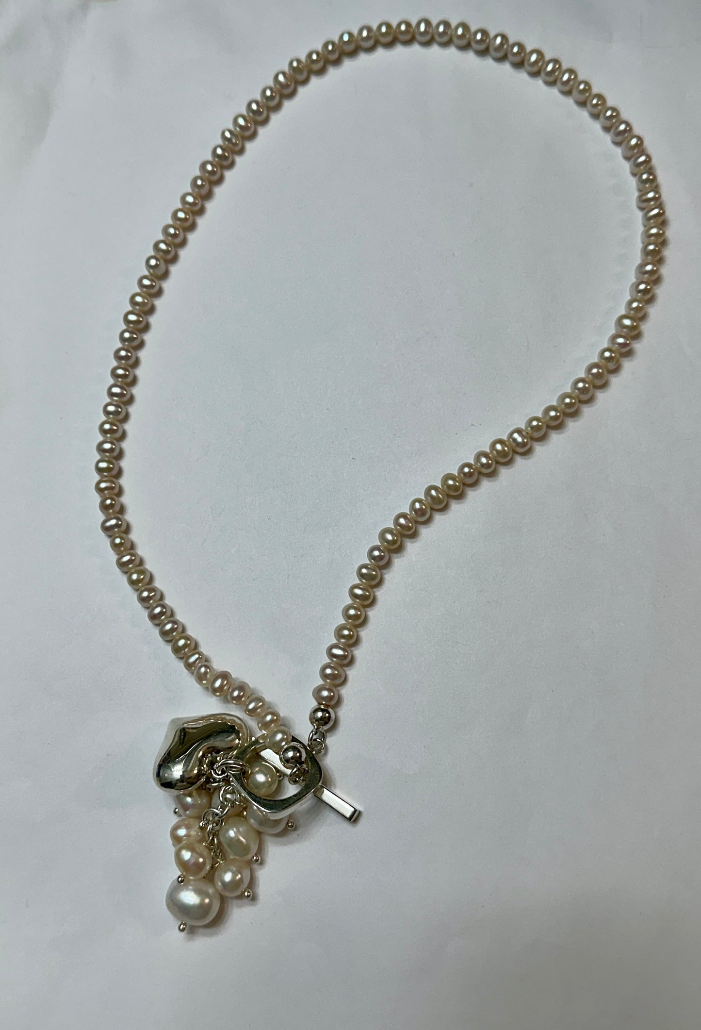 Pearl Cluster Necklace Sterling Silver Heart & Toggle