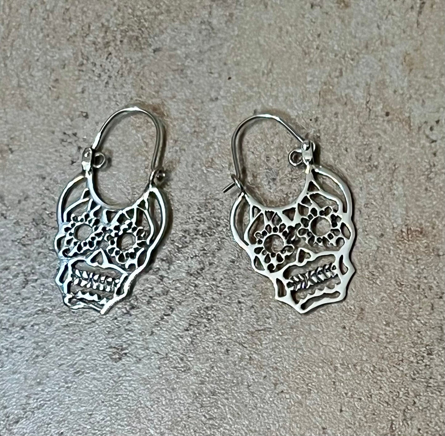 Sugar Skull Face Sterling Silver Earrings on Hoop Hook