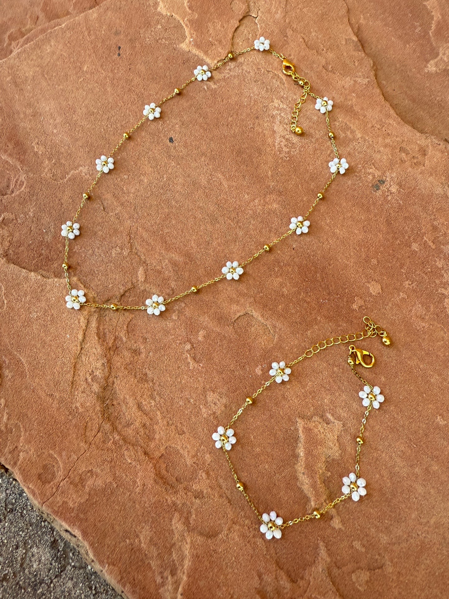 “The Golden Collection” Handmade White Beaded Plated Flower Bracelet