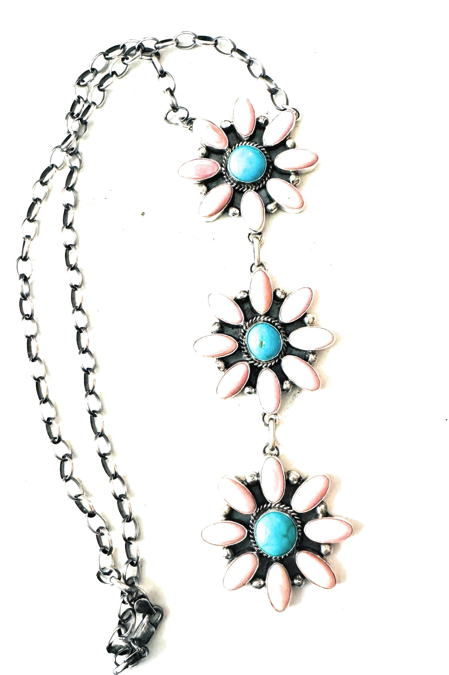 Handcrafted Sterling Silver, Queen Pink Conch & Turquoise Lariat Necklace