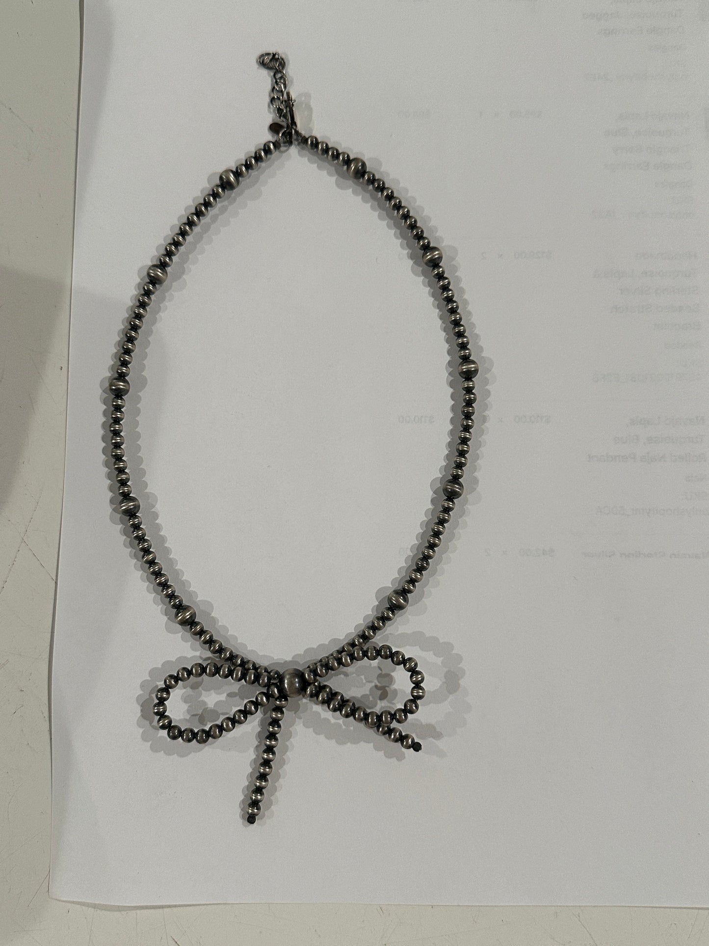 Handmade Sterling Silver Handcrafted Pearl Style Beaded Bow Tie Necklace 16-18 inches