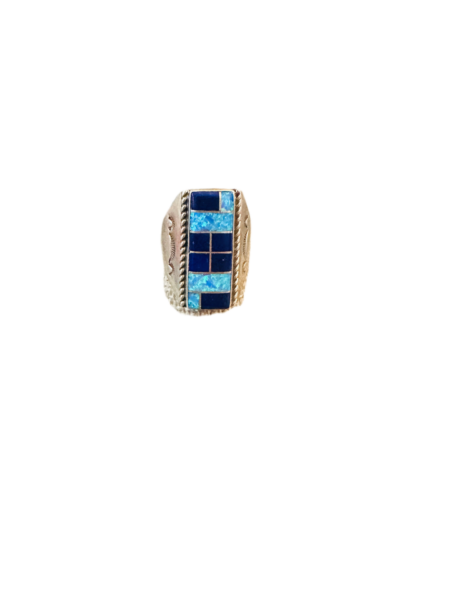 Handcrafted Old Pawn Sterling Silver, Onyx & Opal Inlay Ring Size 11.5