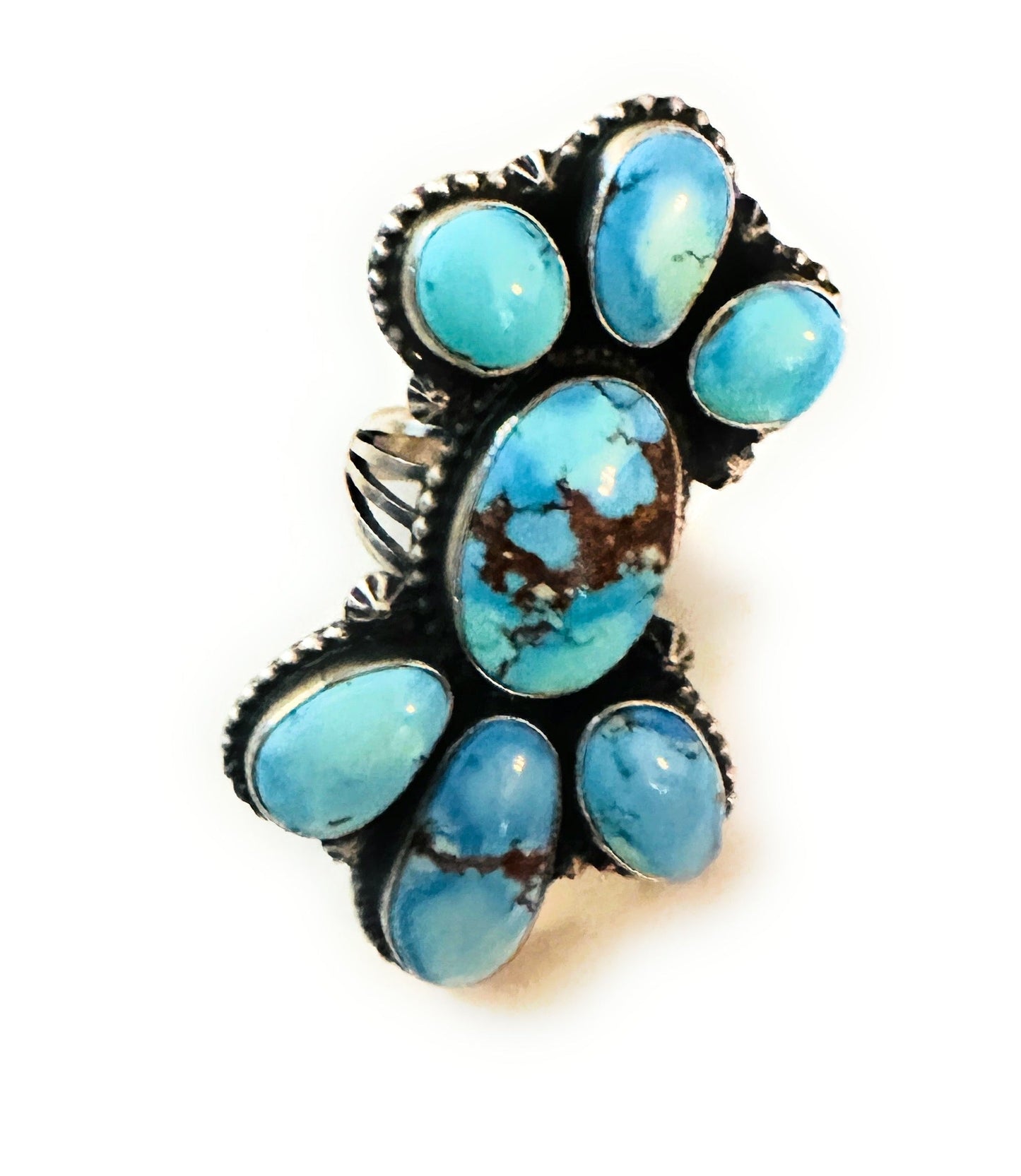 Handcrafted Golden Hills Turquoise & Sterling Silver Cluster Ring Size 8.5