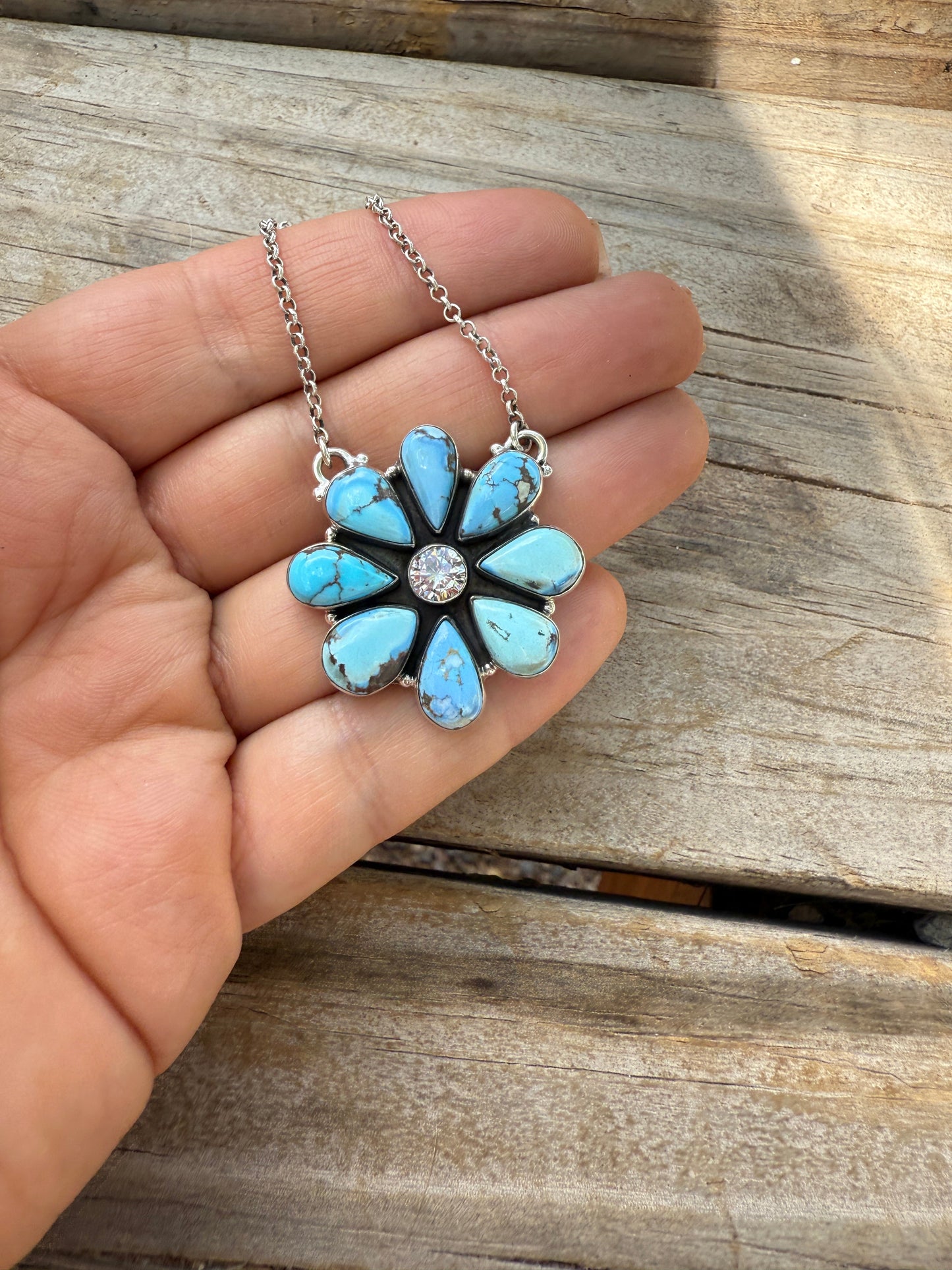 Beautiful Handmade Sterling Silver, CZ & Golden Hills Turquoise Cluster Necklace
