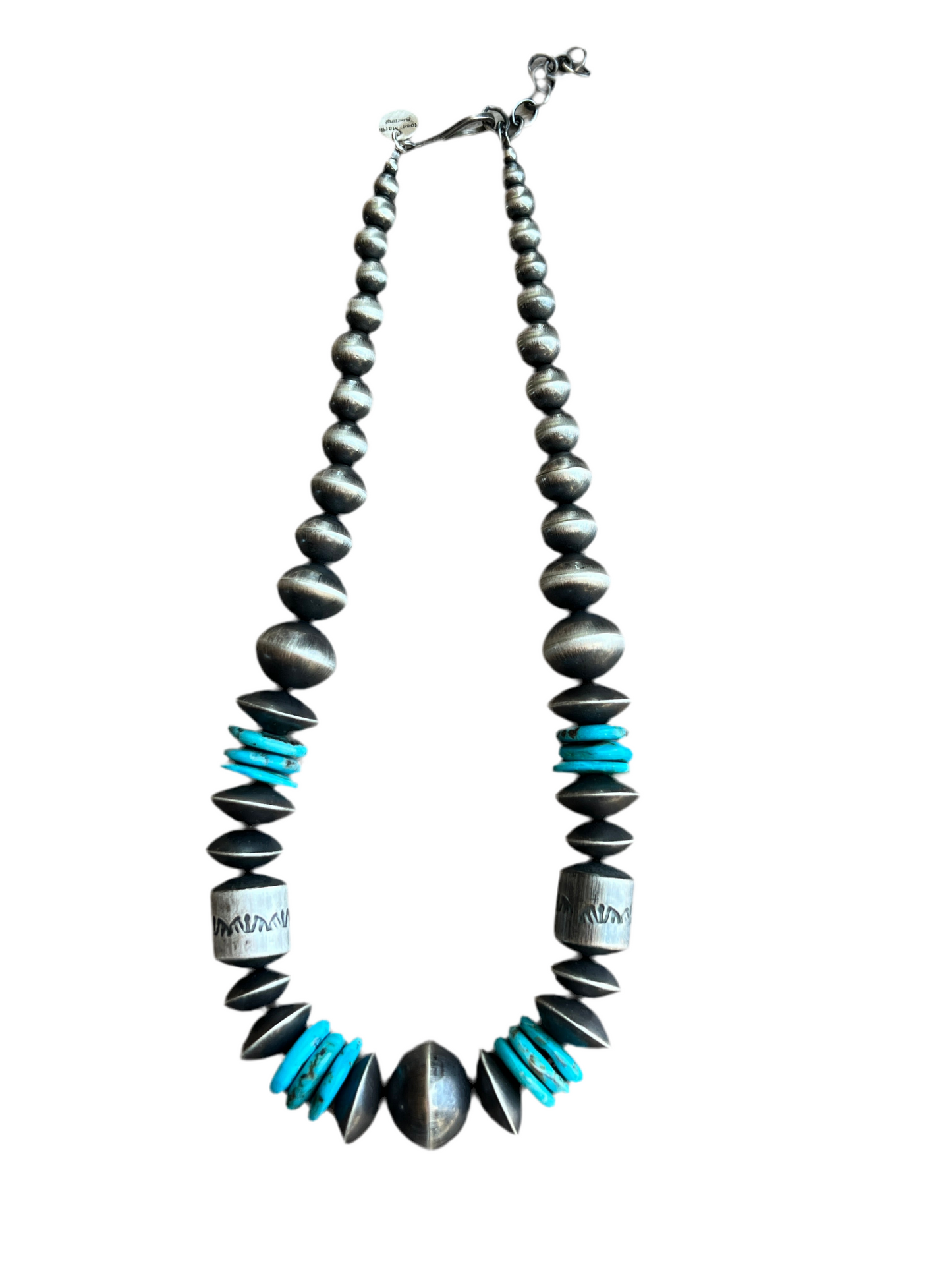 Handcrafted Sterling Silver and Kingman Turquoise Beaded Necklace by Rose Martin, 18 Inches