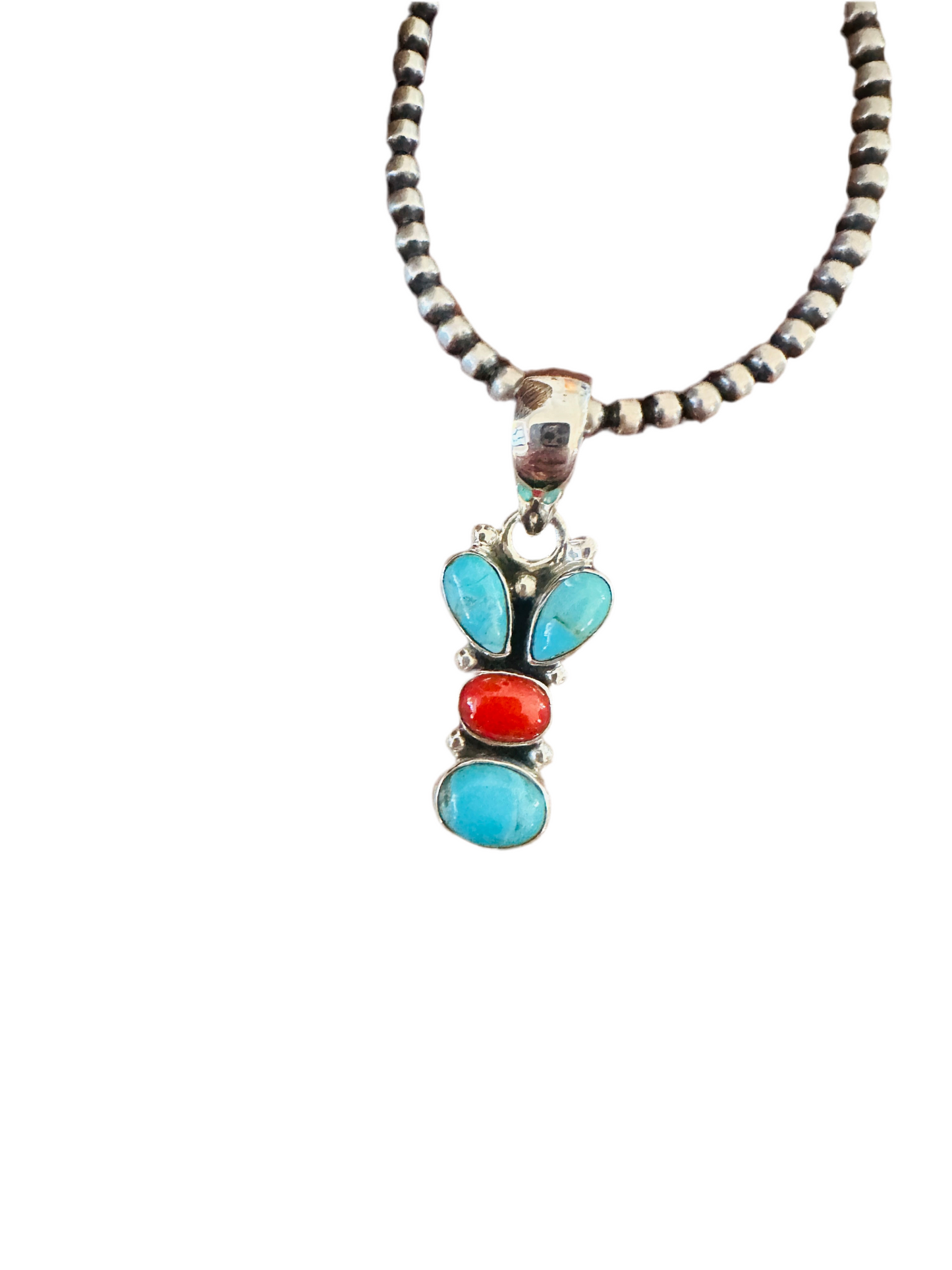 ** Christmas Collection ** Handmade Sterling Silver, Coral & Turquoise Pendant Signed Nizhoni