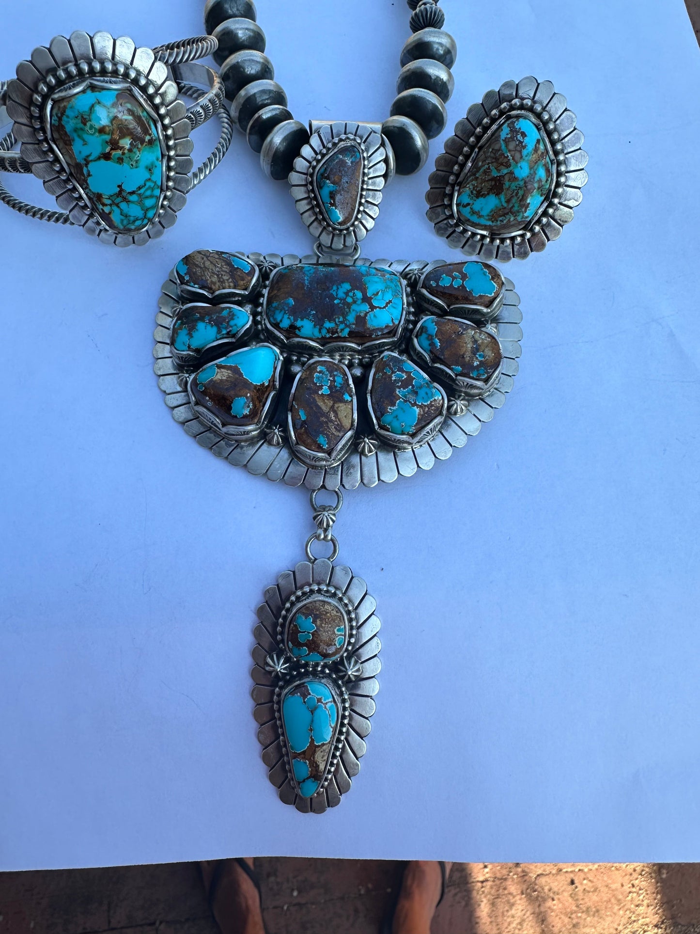Charles Johnson Navajo Number 8 Turquoise & Sterling Silver Necklace, Bracelet and Ring Set Signed