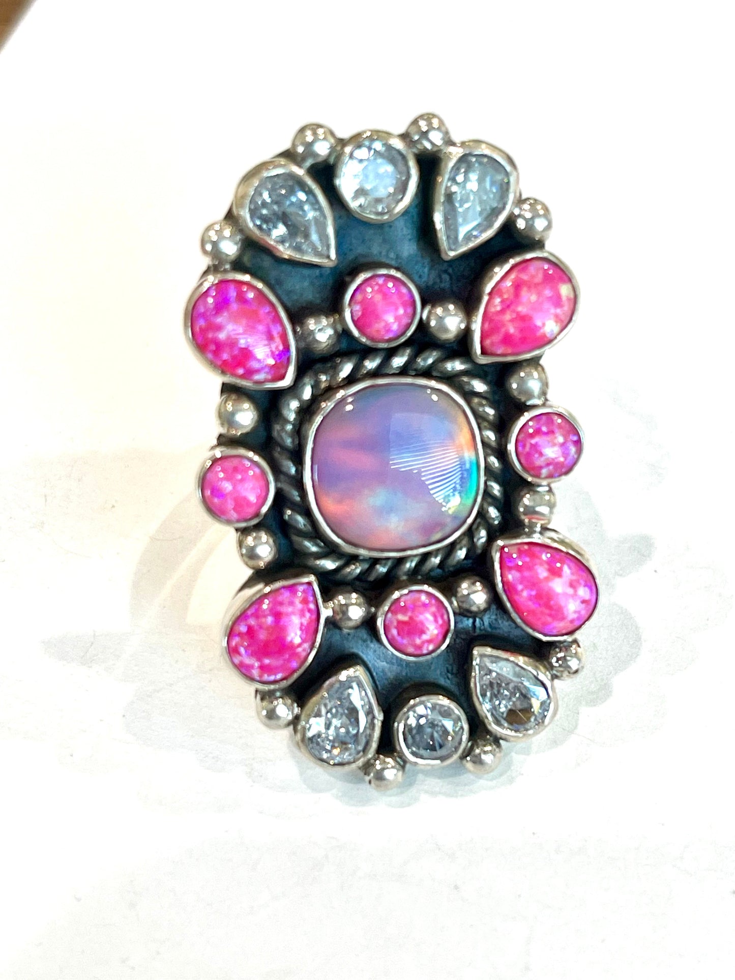 Handmade Pink Fire Opal, Opal, Cubic Zirconia And Sterling Silver Adjustable Ring Signed Nizhoni