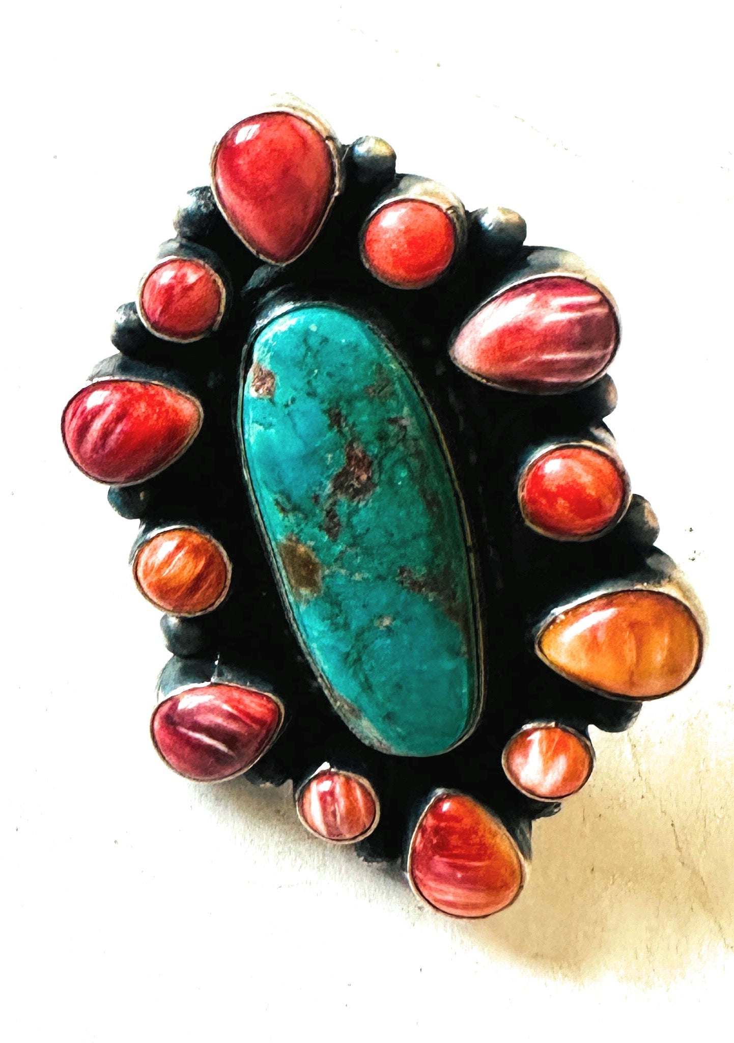 Handcrafted Sterling Silver, Spiny & Turquoise Cluster Ring Size 7