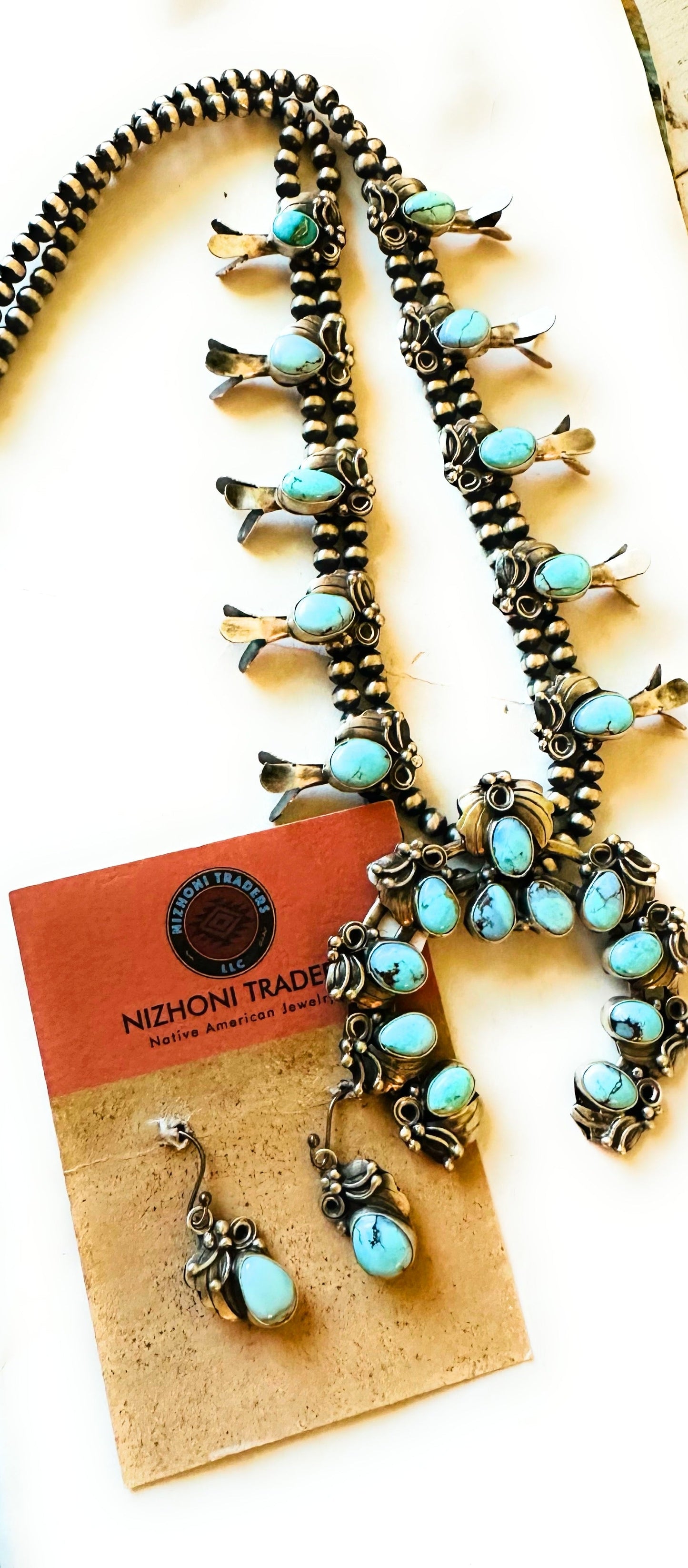 Handcrafted Golden Hills Turquoise & Sterling Silver Squash Blossom Necklace Set