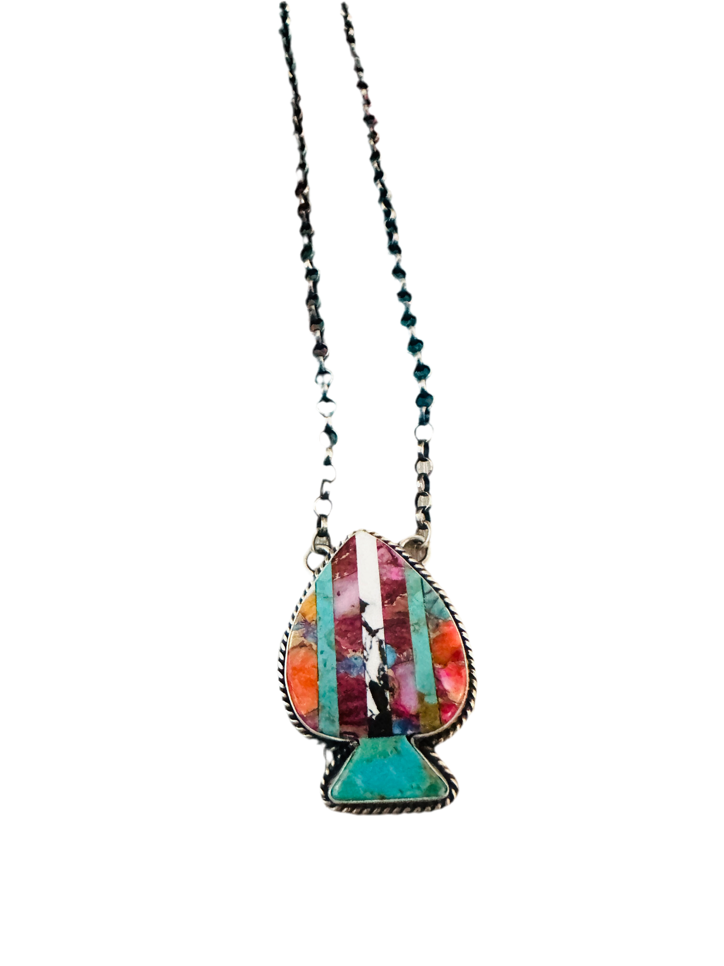 Handcrafted Sterling Silver & Multi Stone Inlay Spade Necklace