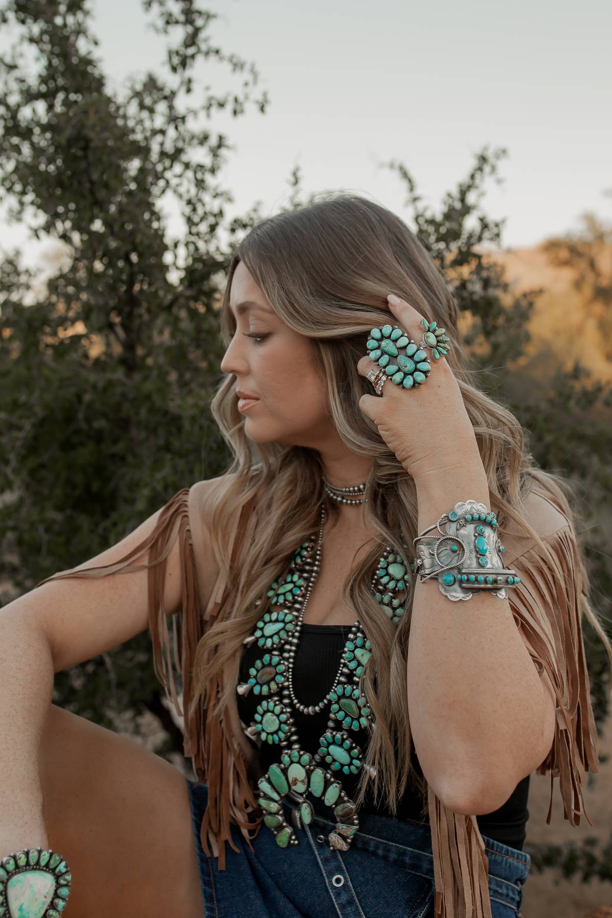 Handcrafted Sheila Becenti Carico Lake, Royston Turquoise & Sterling Squash Blossom Set