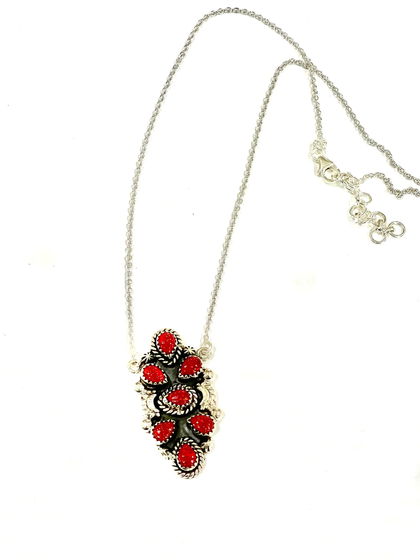 Handmade Sterling Silver & Red Fire Opal Cluster Necklace
