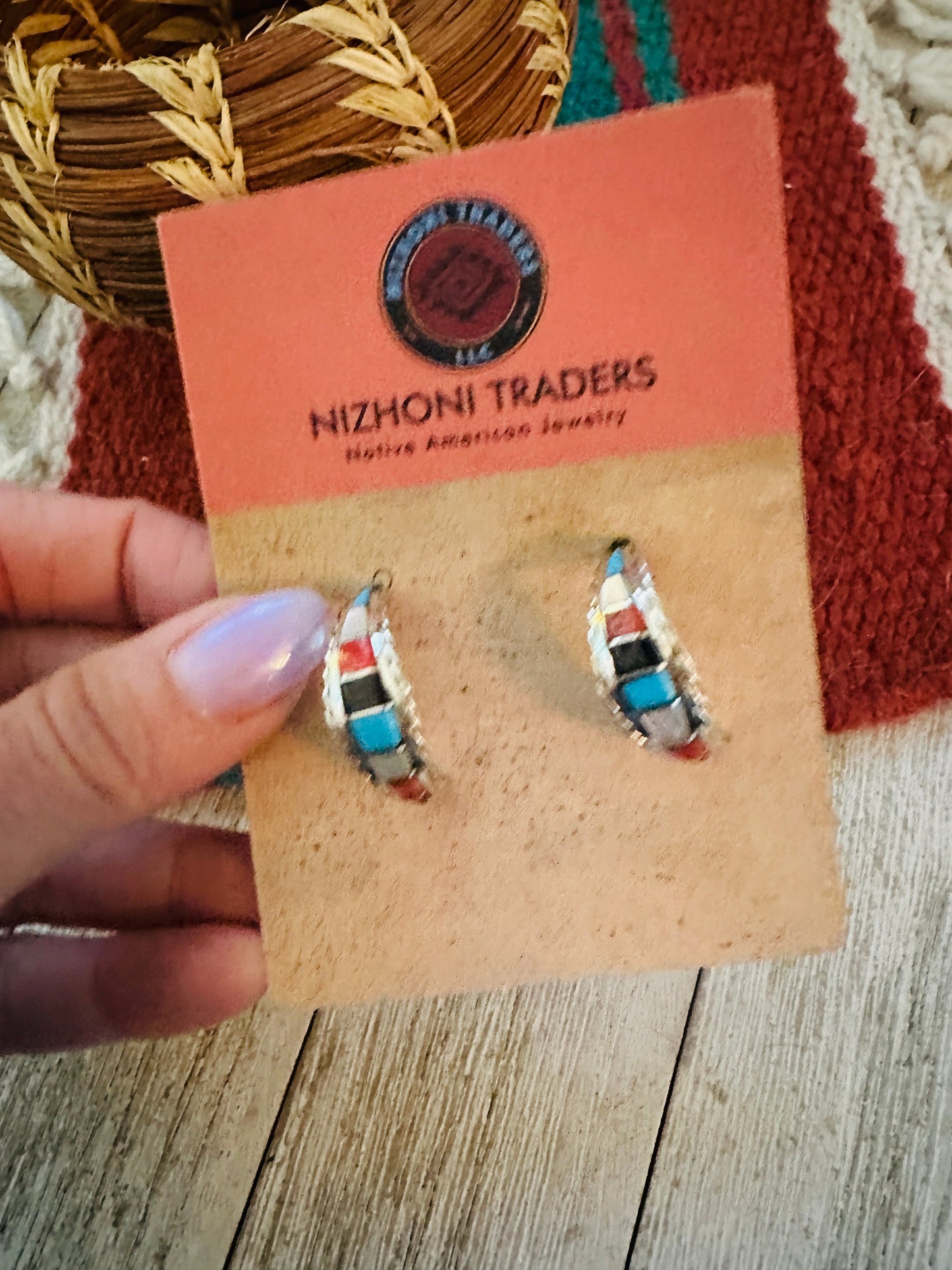 Handcrafted Sterling Silver & Multi Stone Inlay Hoop Earrings