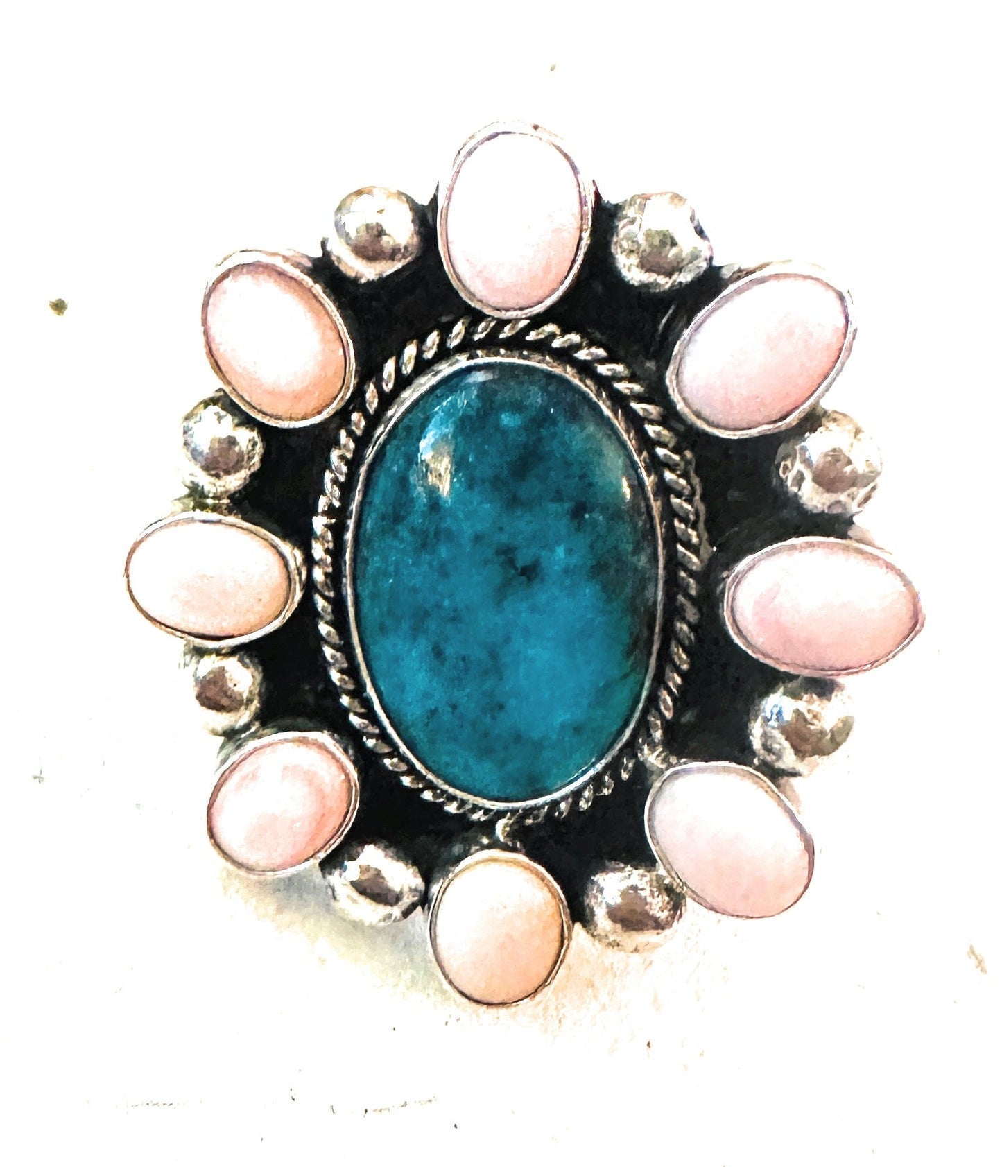Handcrafted Sterling Silver, Queen Pink Conch & Turquoise Cluster Adjustable Ring