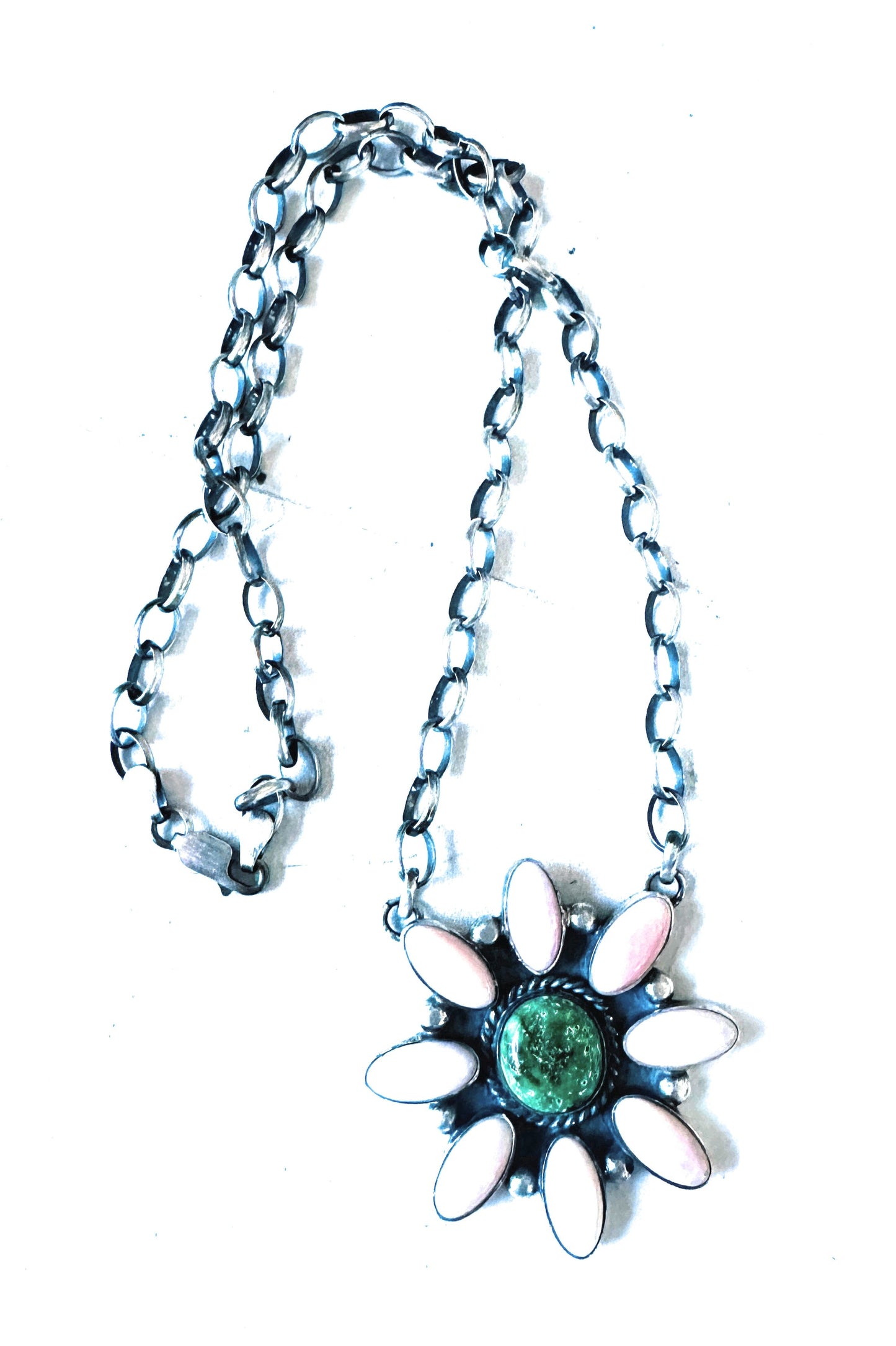 Handcrafted Sterling Silver, Queen Pink Conch Shell & Turquoise Necklace