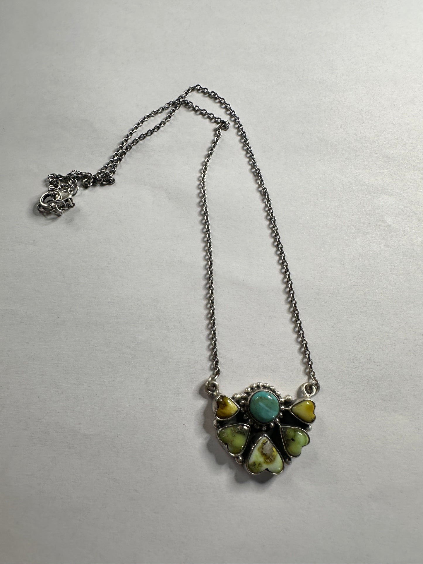Beautiful Handmade Sterling Silver Kingman Turquoise & Palomino Turquoise Crescent Heart Necklace
