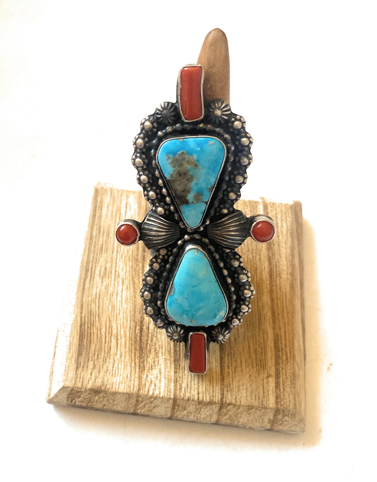 Handcrafted Sterling Kingman Turquoise & Red Coral Ring Size 9 By Shawn Cayatineto