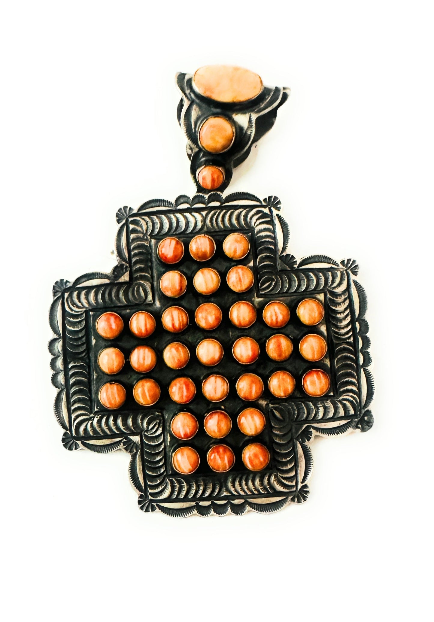 Handcrafted Sterling Silver & Orange Spiny Cross Pendant by Shawn Cayatineto