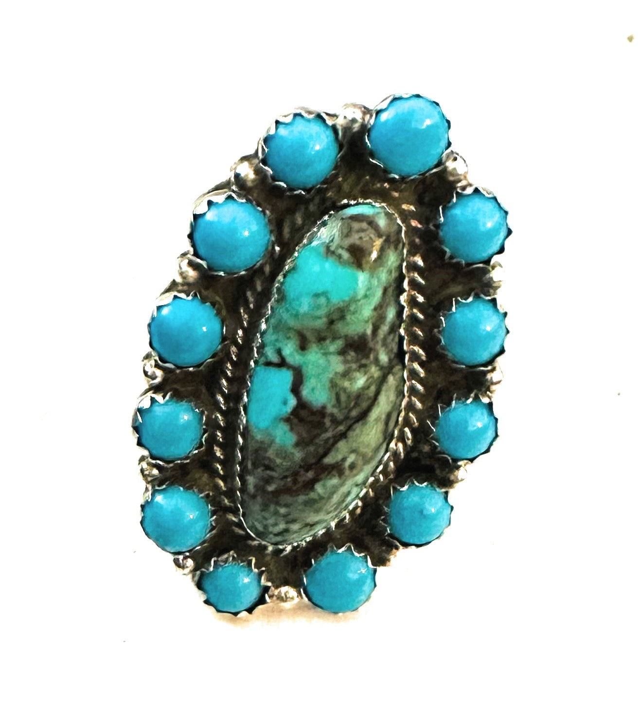 Handcrafted Sterling Silver And Turquoise Cluster Ring Size 9