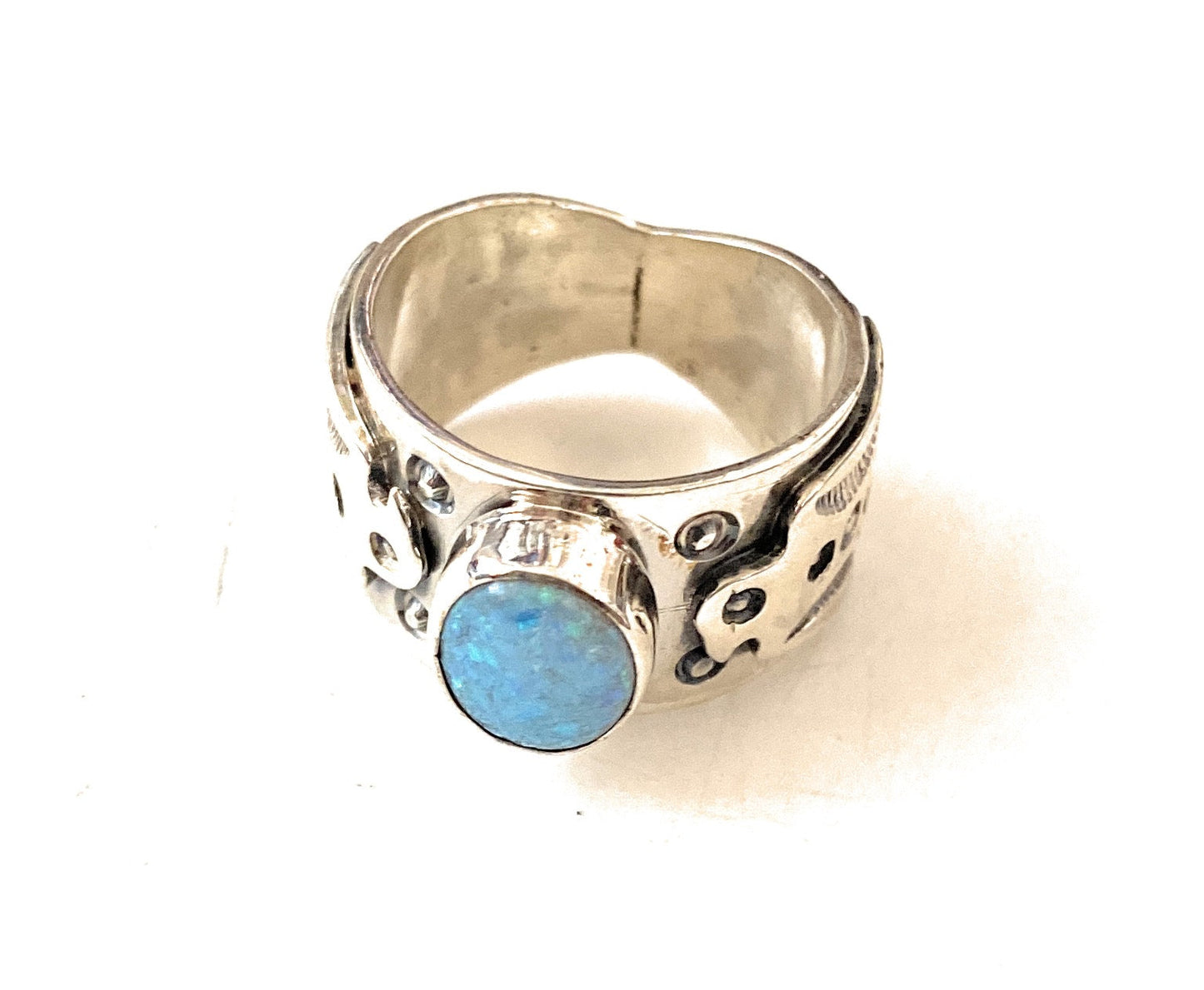 Handcrafted Thunderbird Sterling Silver & Blue Opal Ring Size 8
