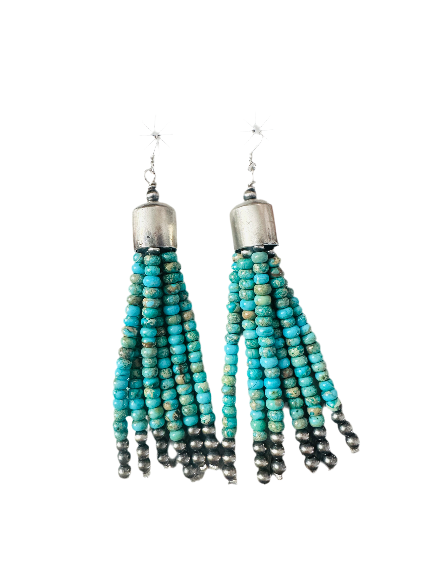 Handcrafted Lighter Turquoise & Sterling Silver Pearl Beaded Tassel Dangle Earrings