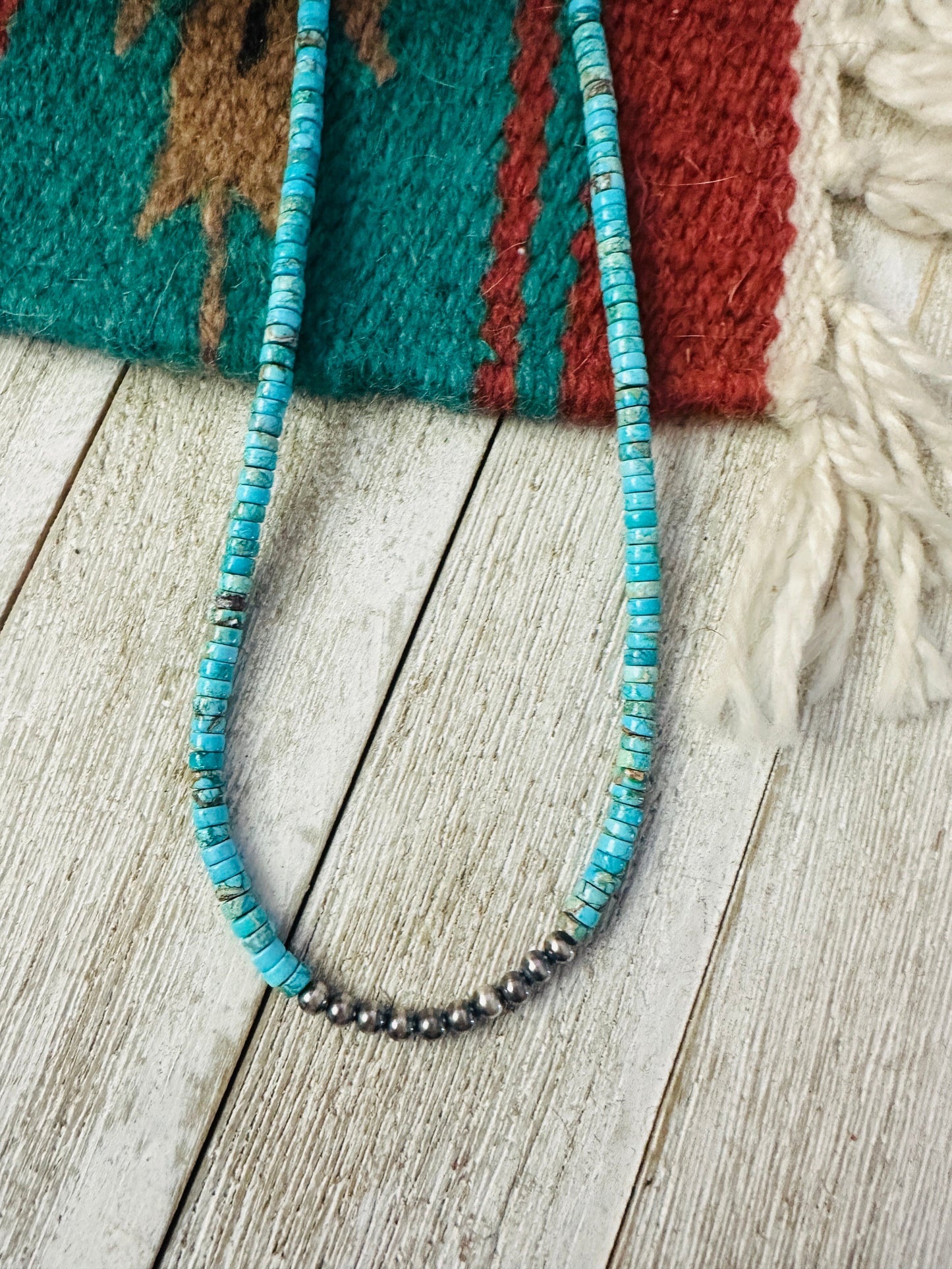 Handcrafted Turquoise & Sterling Silver Pearl Beaded Necklace 18"