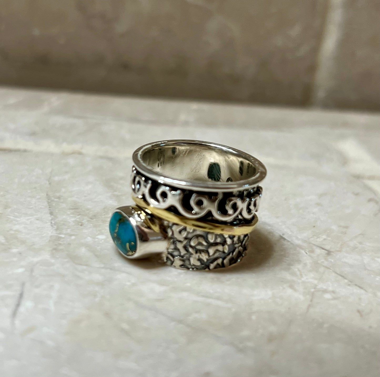 Copper Turquoise Sterling Silver, Gold, Copper Spinner Ring Size 7 “Lattice”