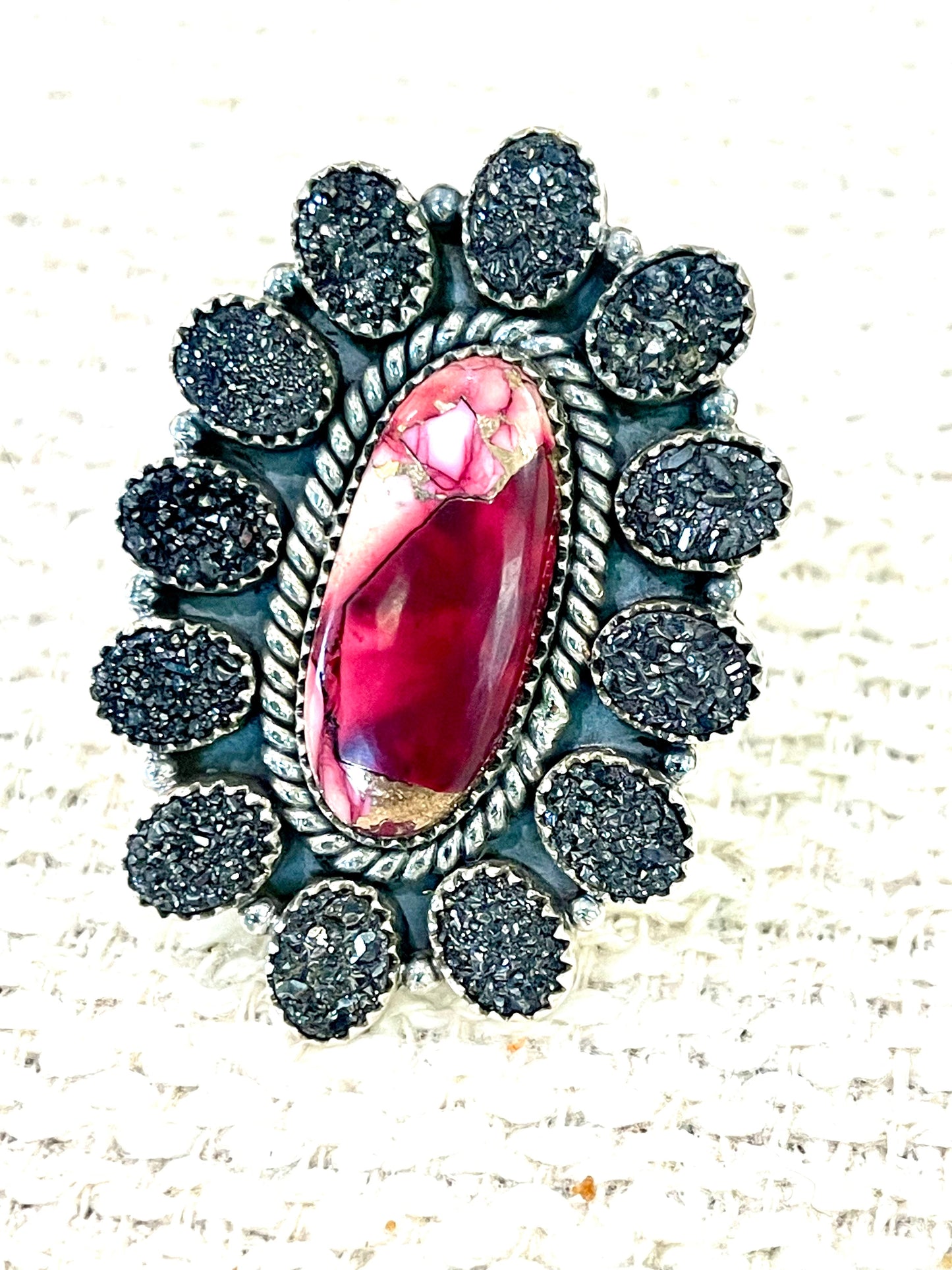Handcrafted Sterling Silver , Dahlia Rose & Druzy Adjustable Cluster Ring
