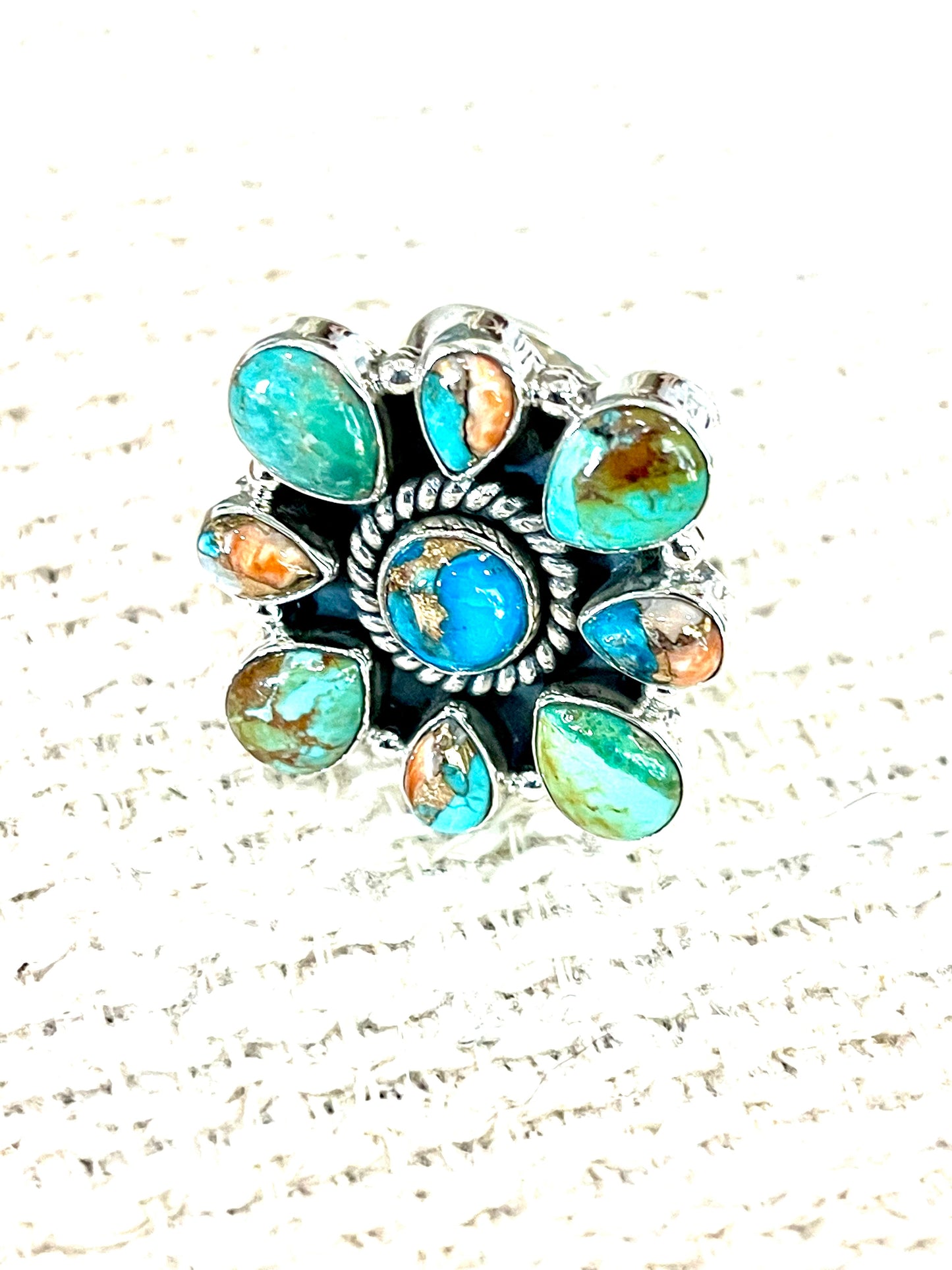 Handcrafted Sterling Silver, Turquoise & Spice Adjustable Cluster Ring