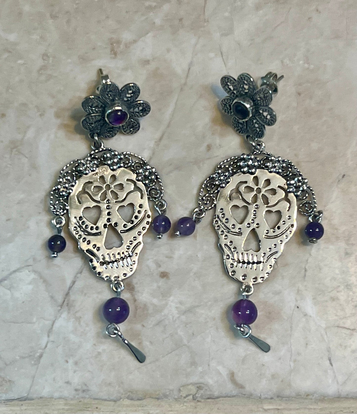 Sugar Skull with Purple Amethyst Sterling Silver Earrings