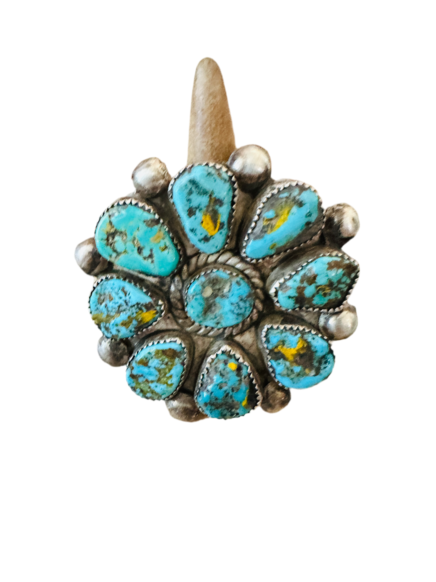 Old Pawn Handcrafted Sterling Silver & Turquoise Cluster Ring Size 7.25