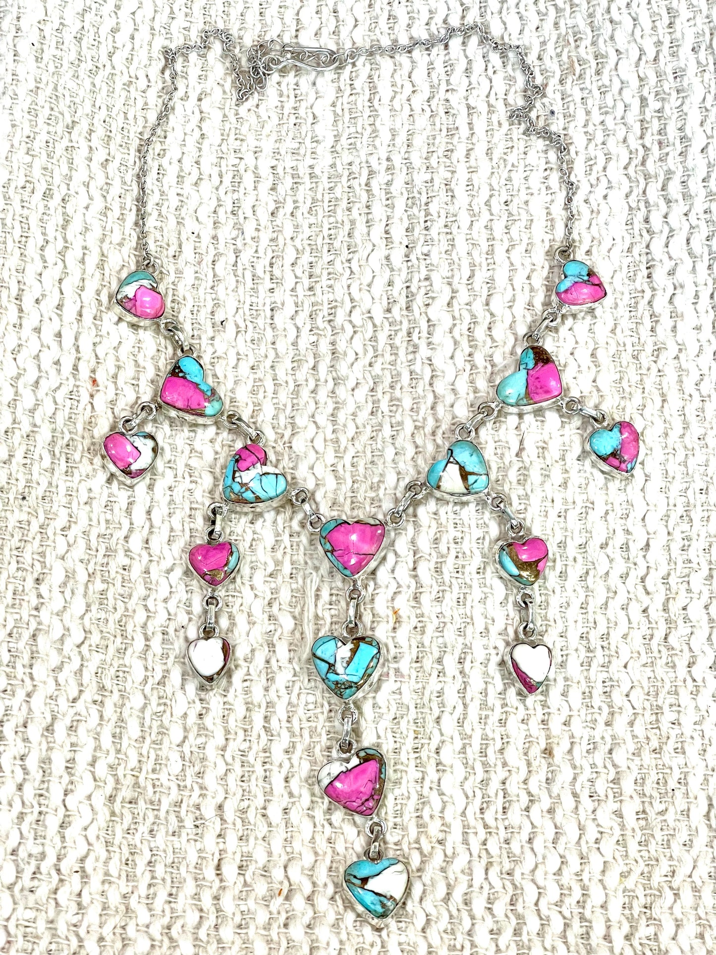 Handmade Sterling Silver Cotton Candy Turquoise Heart Drop Necklace with Signed Nizhoni