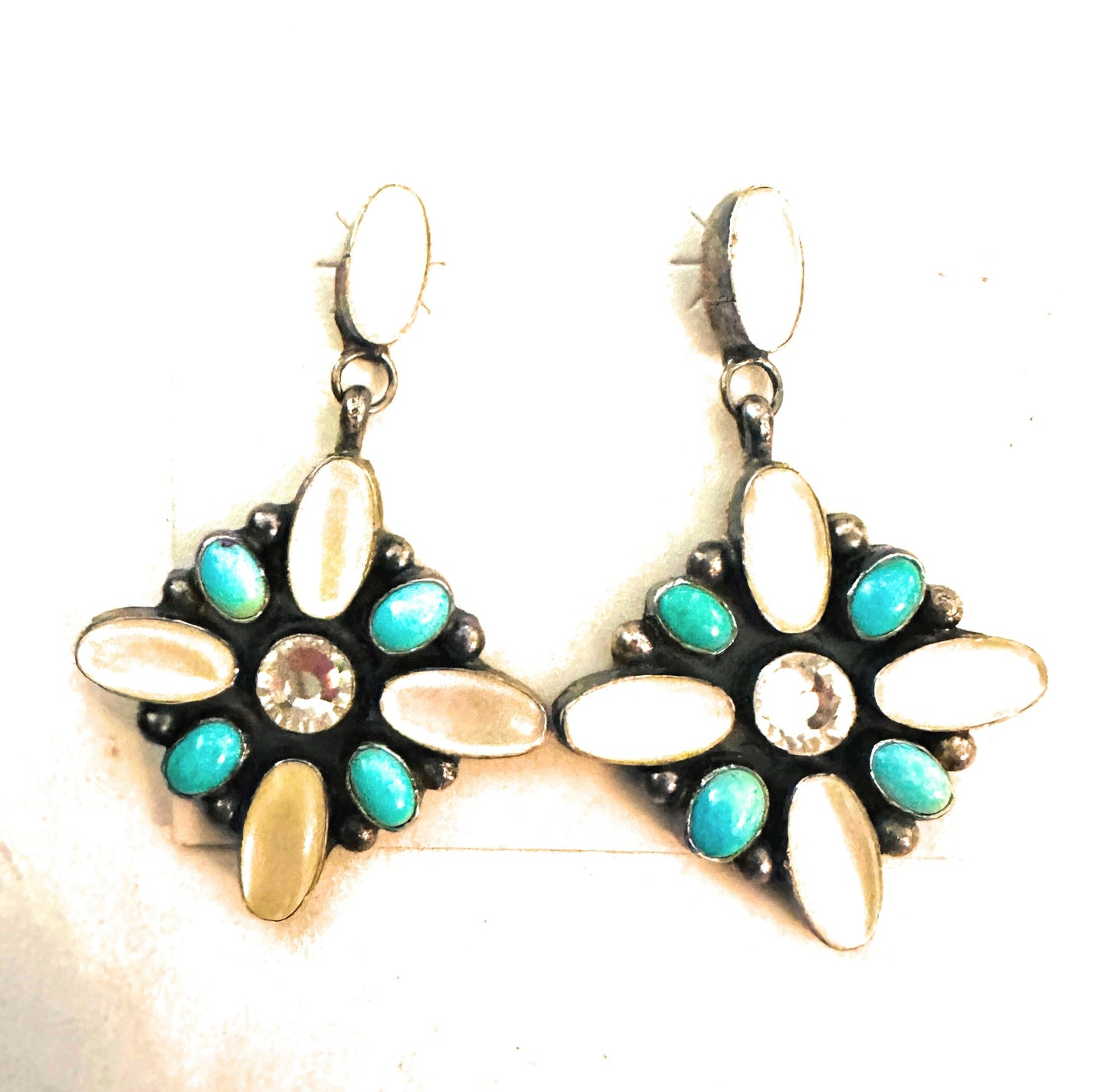 Handcrafted Mother of Pearl, Turquoise, CZ & Sterling Silver Dangle Earrings