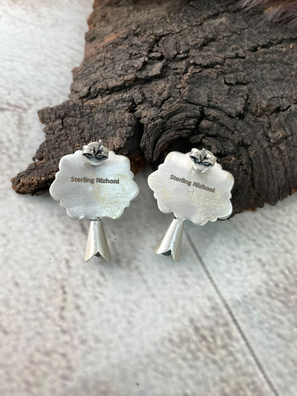 Handmade Sterling Silver Orange Mojave with Paloma Turquoise Post Studs Squash Blossom Earrings Signed Nizhoni