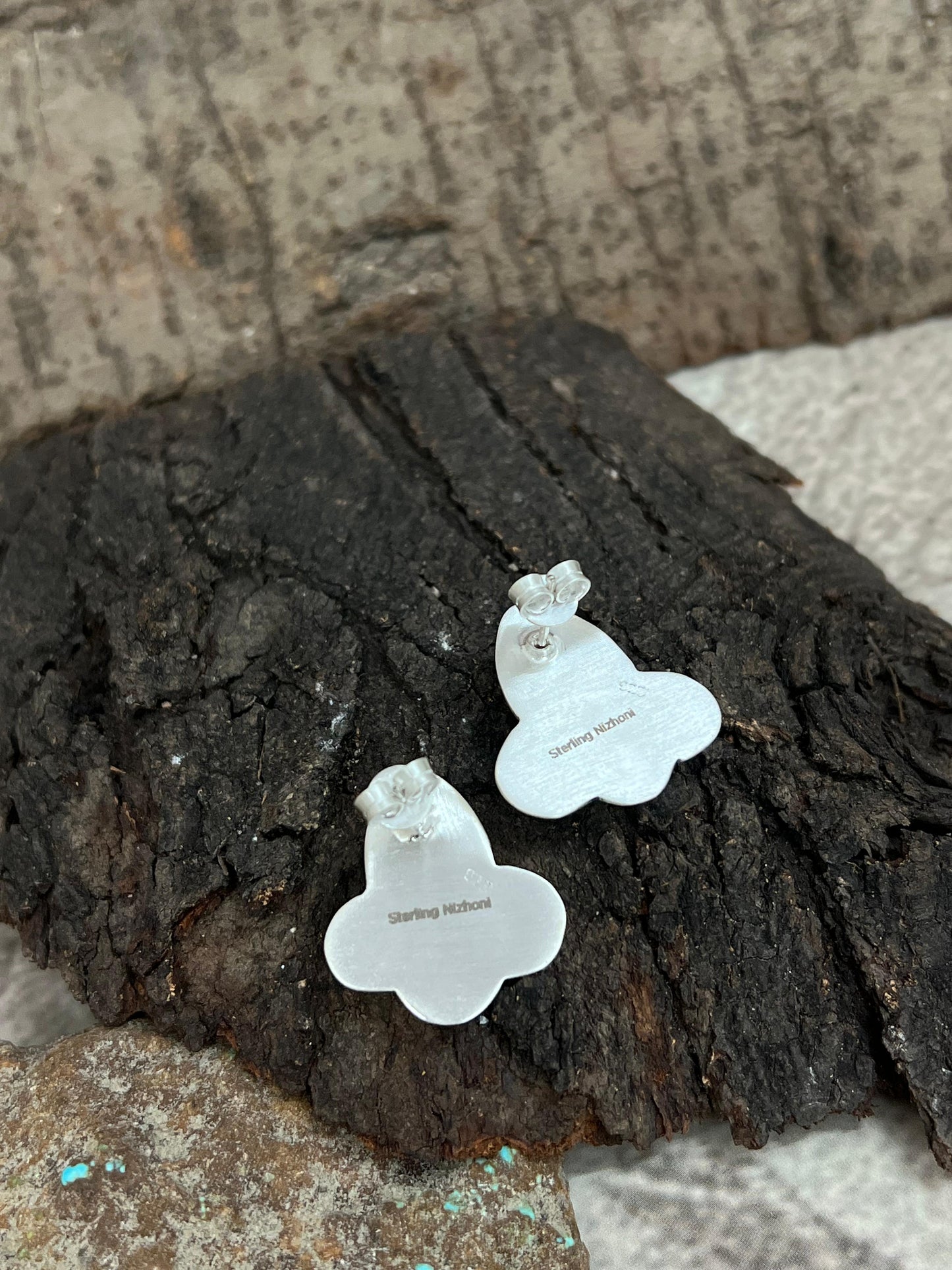 Handmade Sterling Silver South Hill Turquoise Studs with Signed Nizhoni
