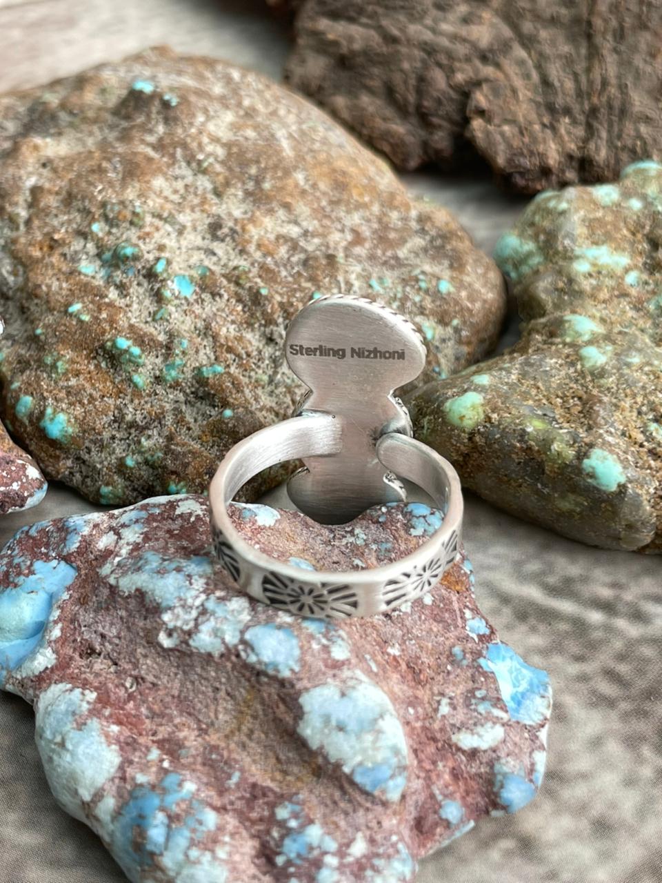 Handmade Sterling Silver White Water Turquoise Adjustable Ring with Signed Nizhoni
