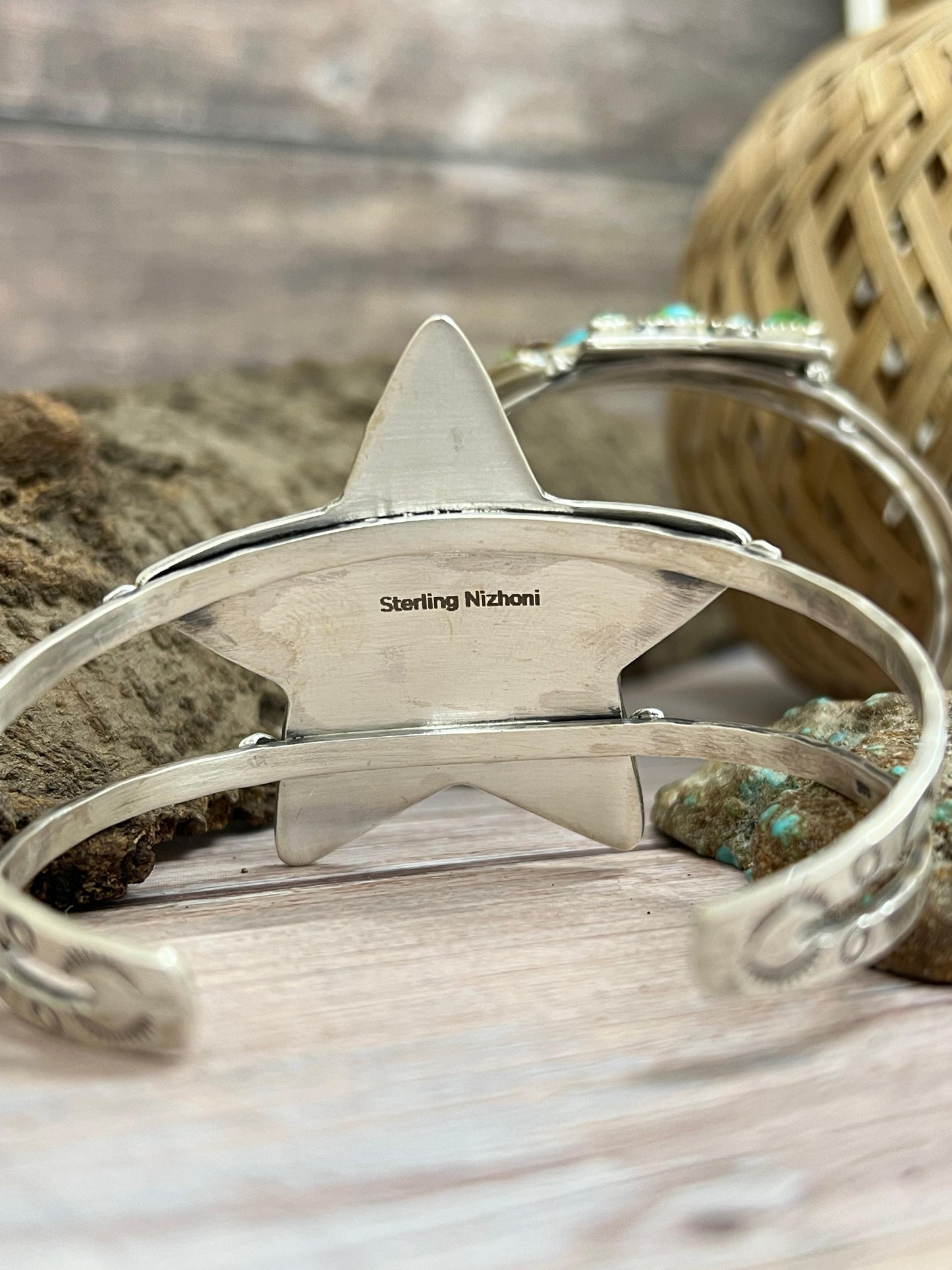 Handmade Sterling Silver Golden Hill, Sonoran Mountain Turquoise Star Bracelet with Signed Nizhoni /