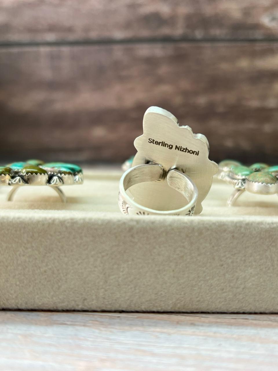 Handmade Sterling Silver Mantis Turquoise Adjustable Ring With Signed Nizhoni