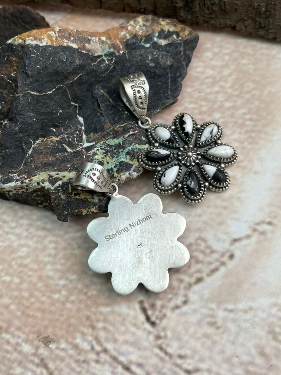 Handmade Sterling Silver White Buffalo, Kingman Turquoise Pendant "Signed Nizhoni"