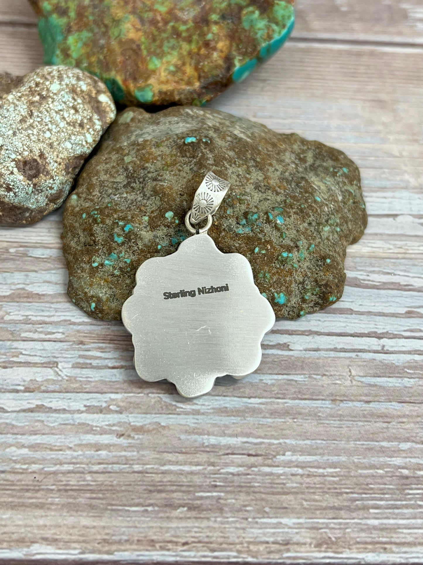 Handmade Sterling Silver Kingman Turquoise Pendant with Signed Nizhoni