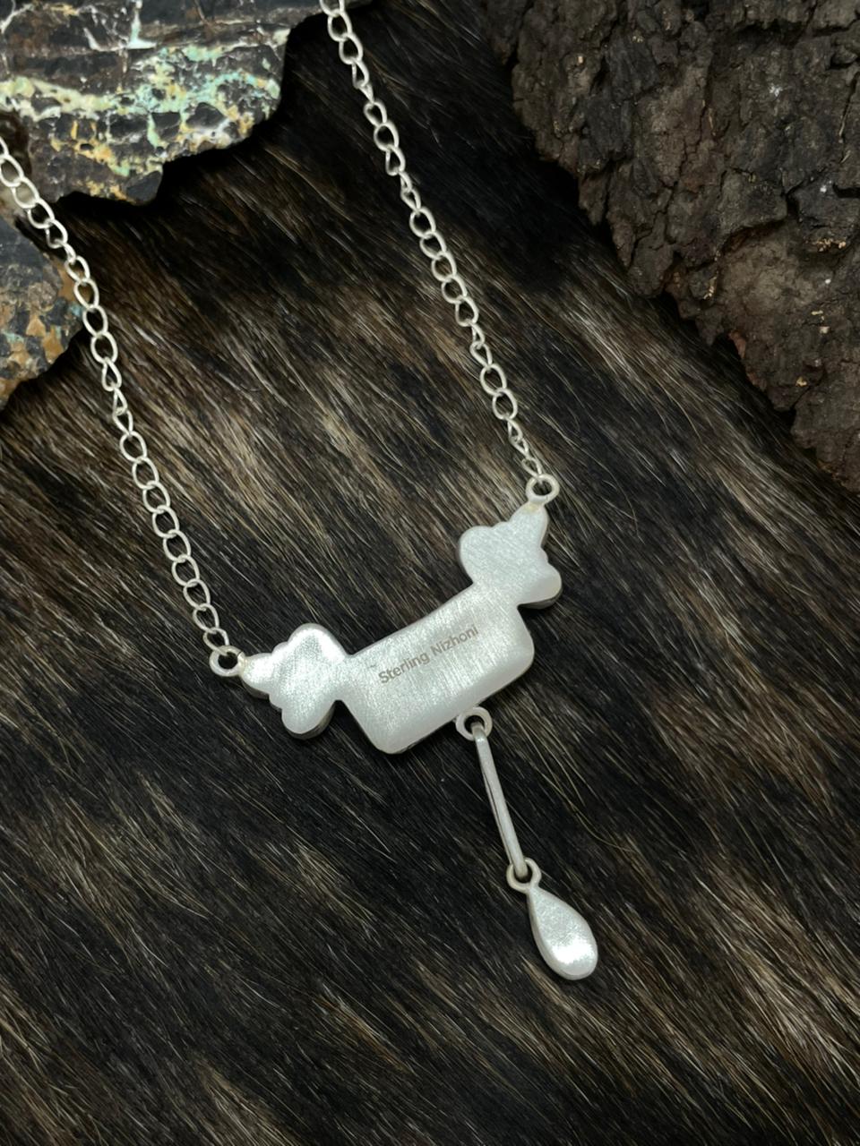 Handmade Sterling Silver White Buffalo with Red Opal Necklace "Signed Nizhoni"
