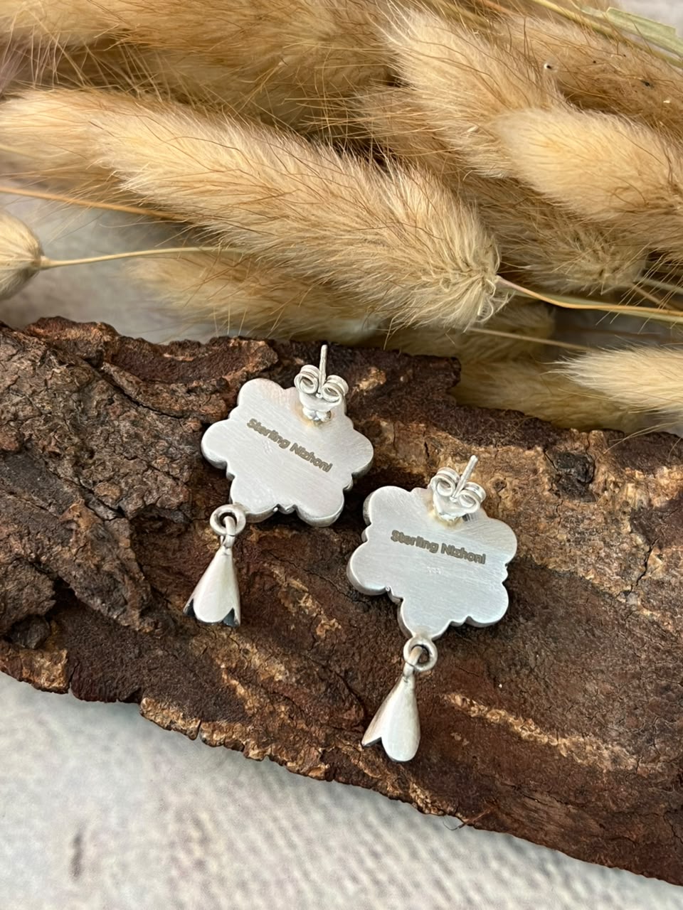 Handmade Sterling Silver Kingman Turquoise Post Studs Squash Blossom Earrings Signed Nizhoni