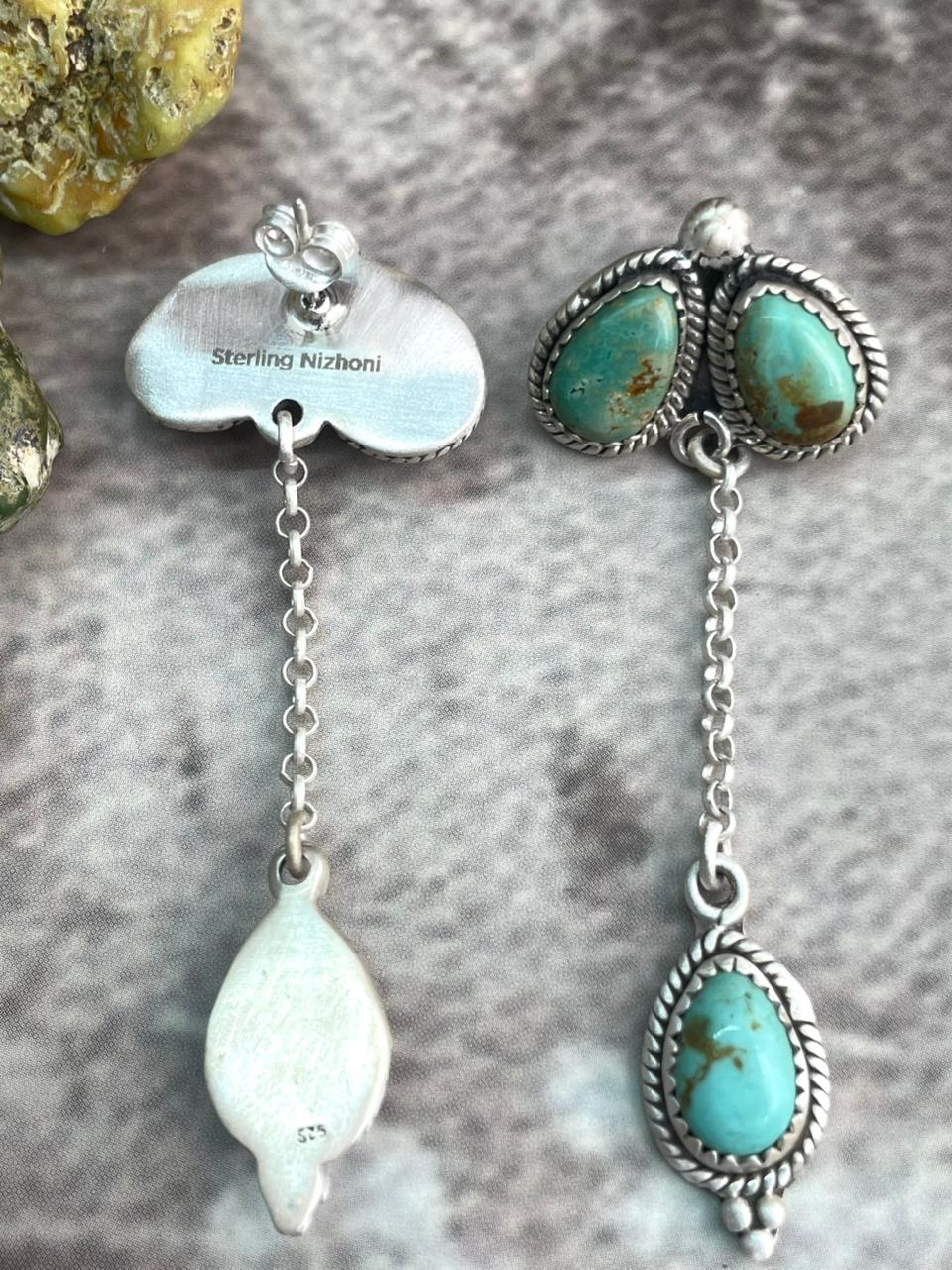 Handmade Sterling Silver Old stock Royston Turquoise Post Dangle Earrings "Signed Nizhoni"